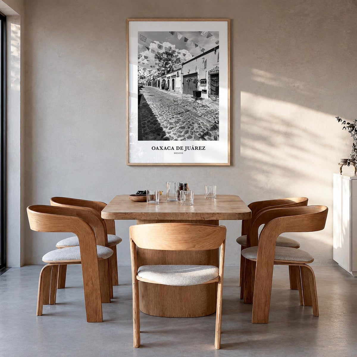 Oaxaca de Juárez black & white classic poster of Mexico – vertical wall art in natural wood frame, hanging on wall