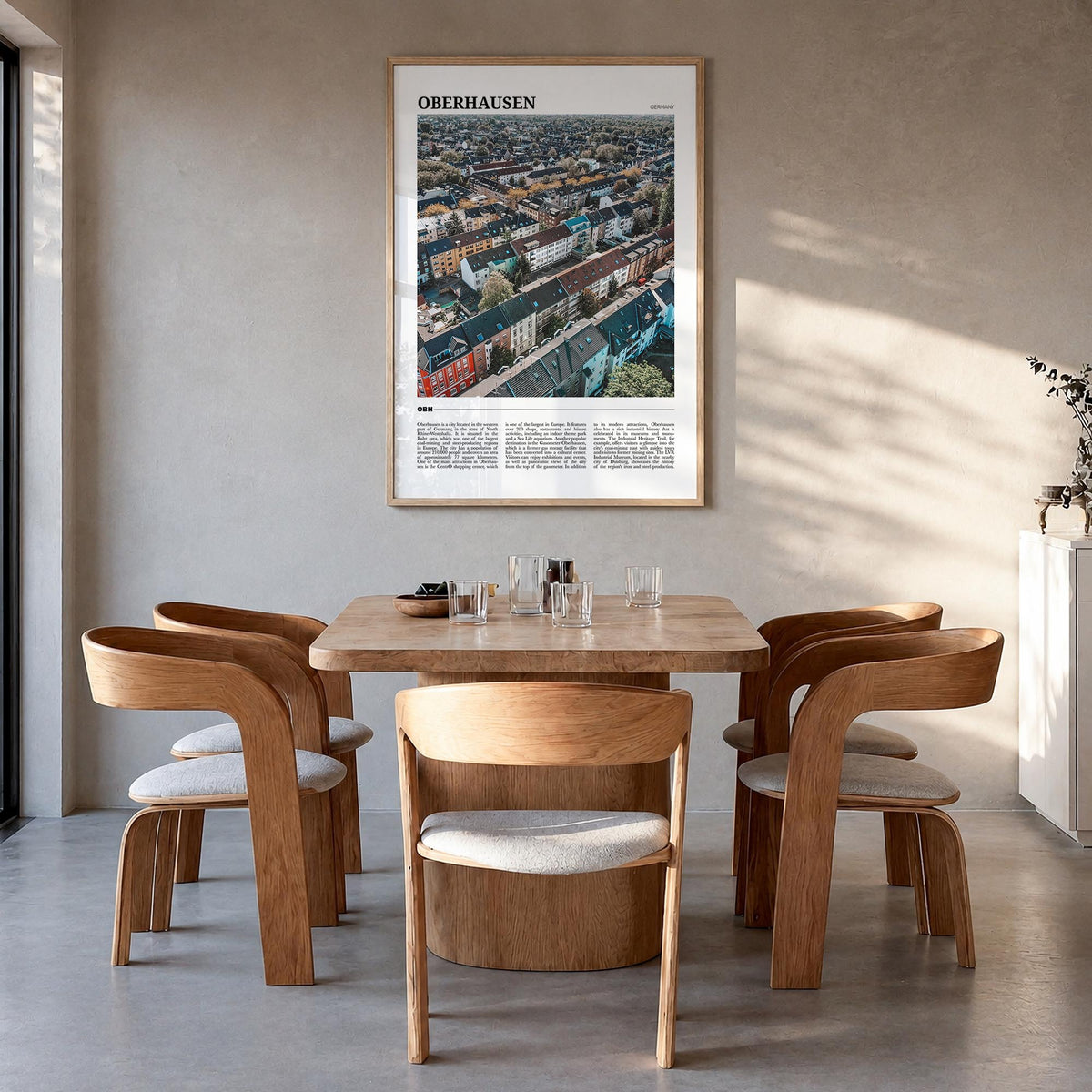 Oberhausen colorful travel poster of Germany – vertical wall art in natural wood frame, hanging on wall