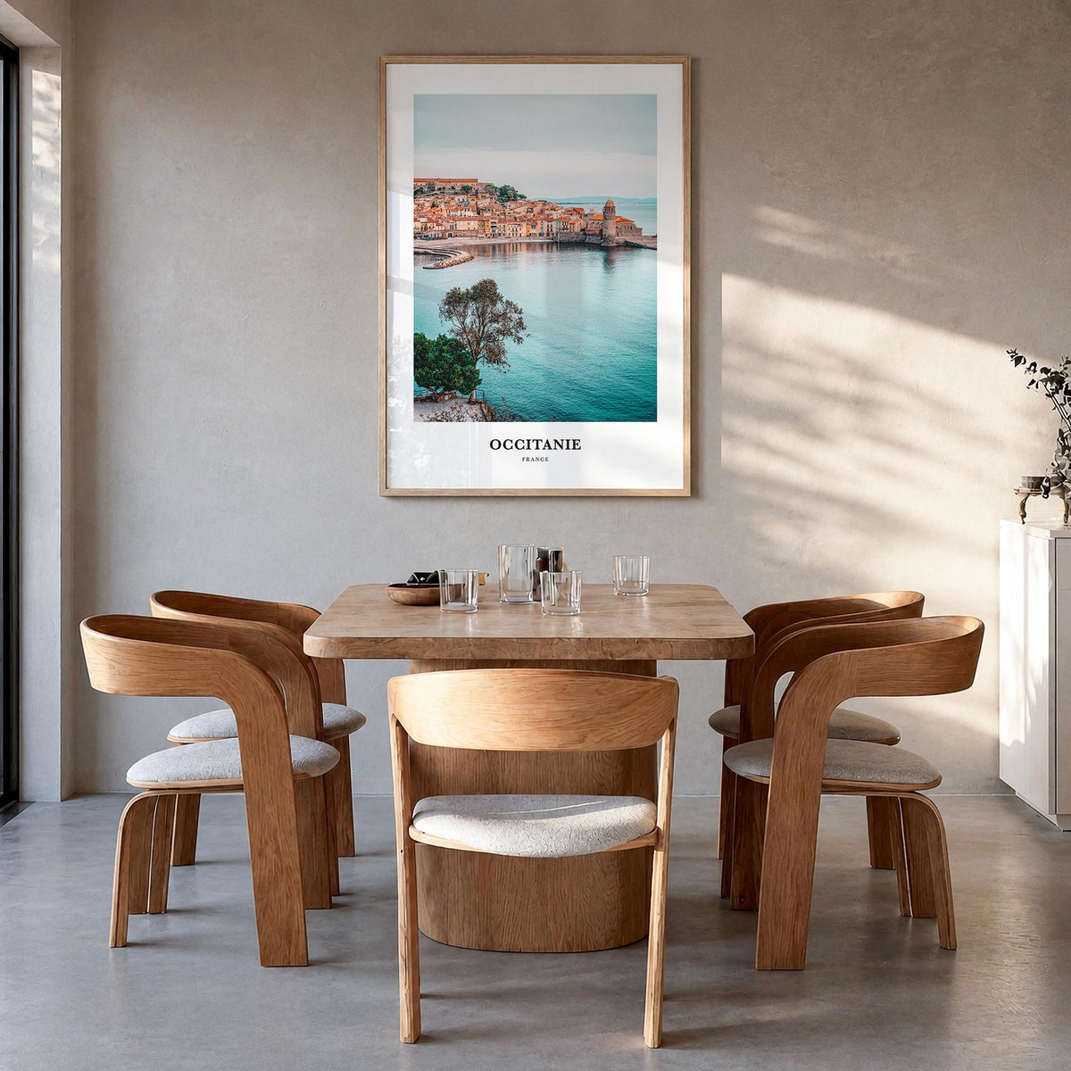 Occitanie colorful classic poster of France – vertical wall art in natural wood frame, hanging on wall