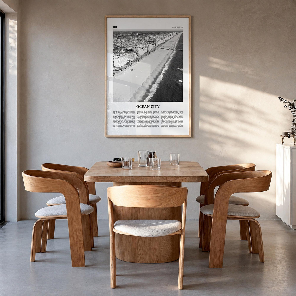 Ocean City, Maryland black & white newspaper poster of Maryland, USA – vertical wall art in natural wood frame, hanging on wa