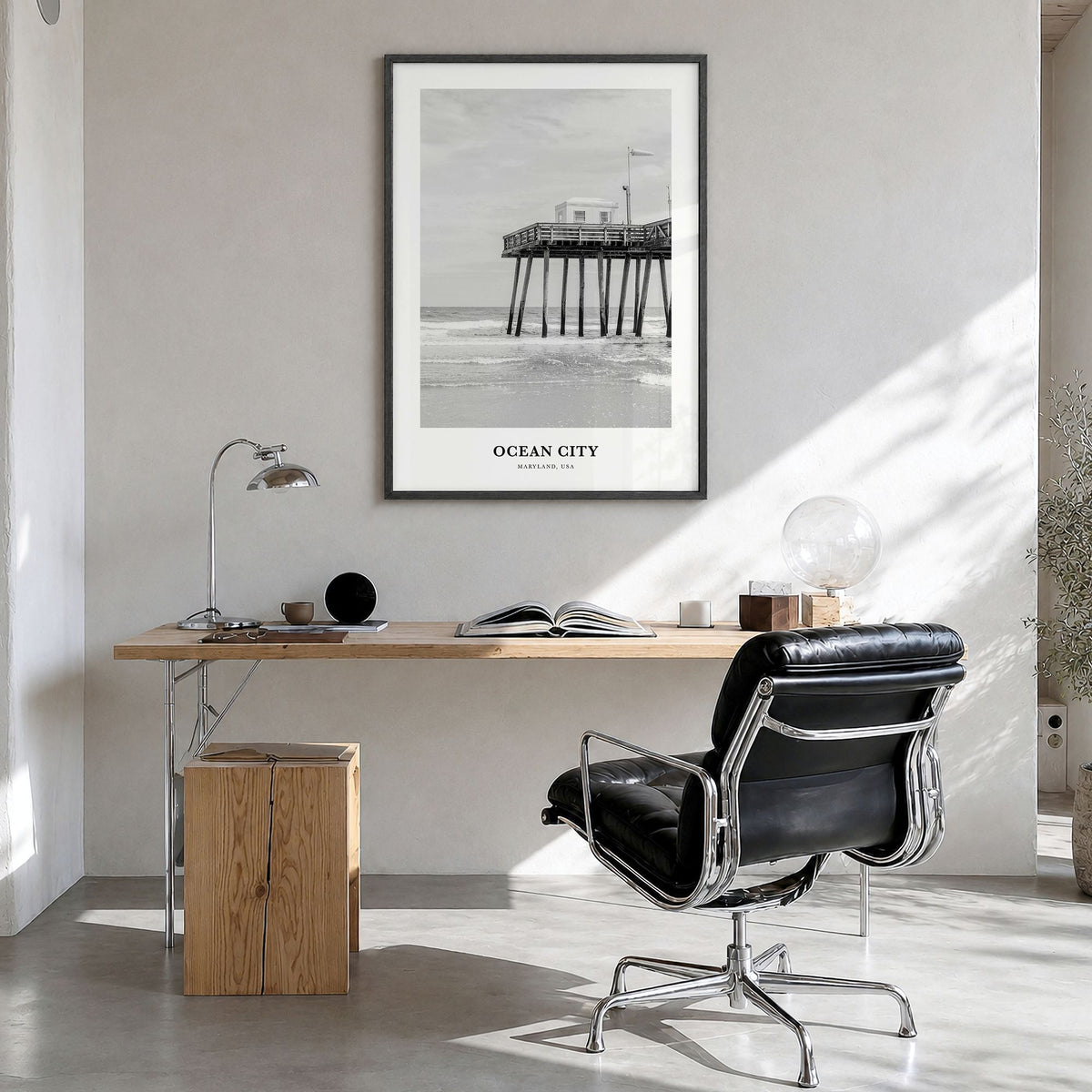 Ocean City, Maryland Classic Poster in a black wood frame, hanging in a bright home office