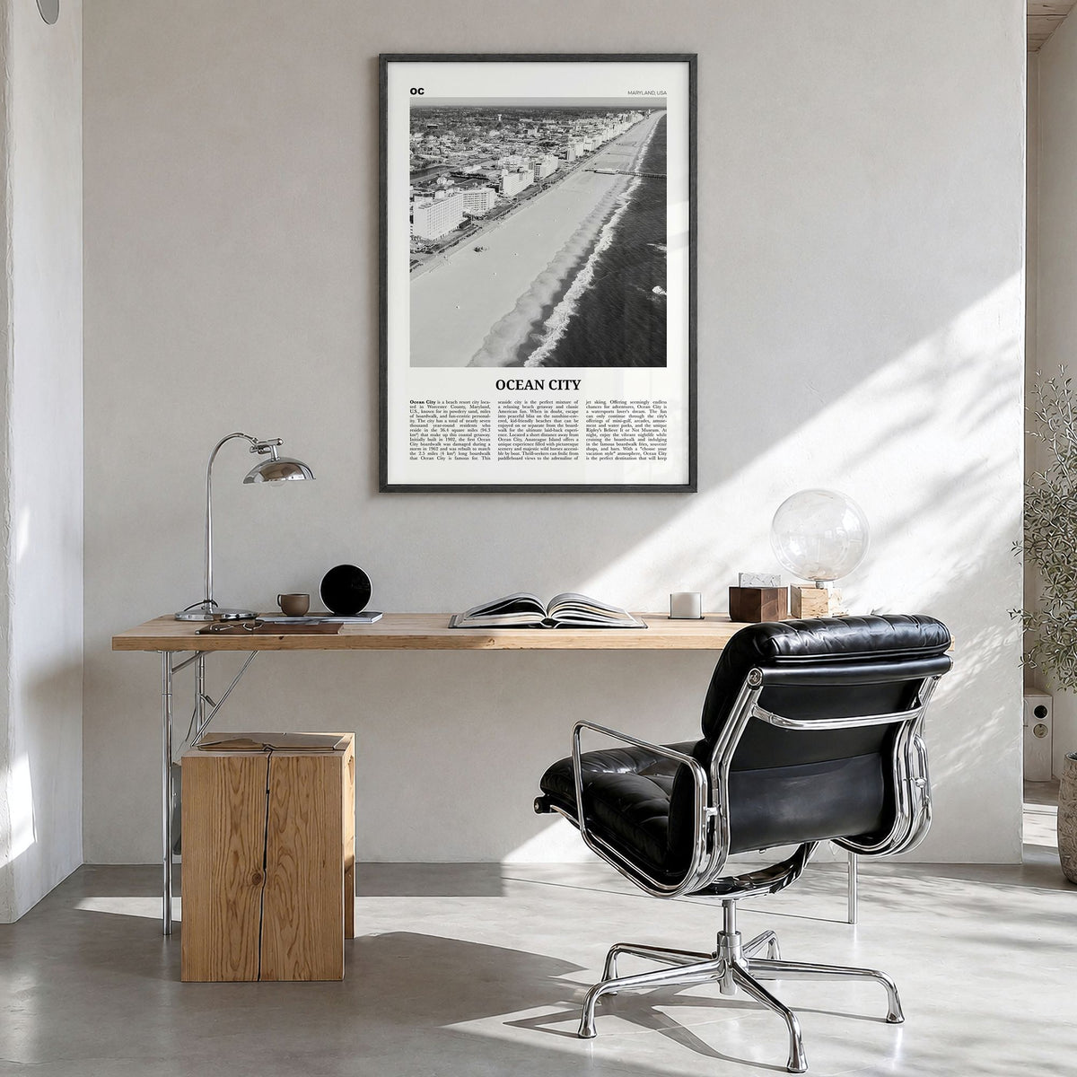 Ocean City, Maryland Newspaper Poster in a black wood frame, hanging in a bright home office