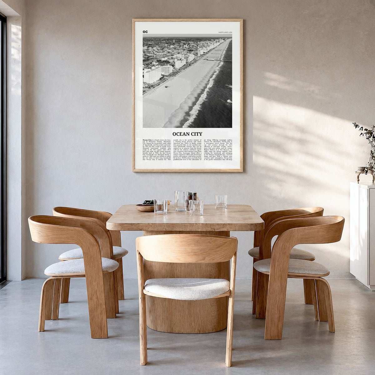 Ocean City, Maryland Newspaper Poster in a natural wood frame, hanging in a dining room