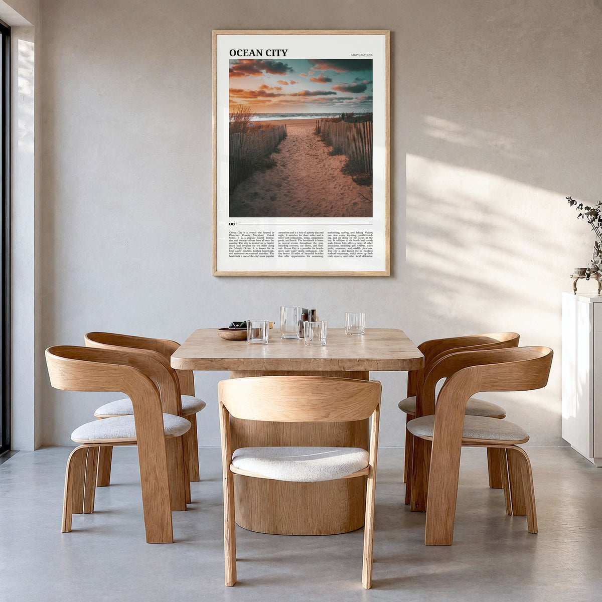Ocean City, Maryland Travel Poster in a natural wood frame, hanging in a dining room
