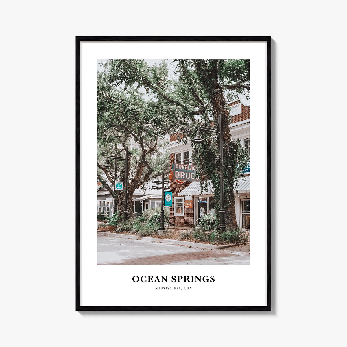 Ocean Springs colorful classic poster of Mississippi, USA – vertical wall art, unframed print shown in interior mockup