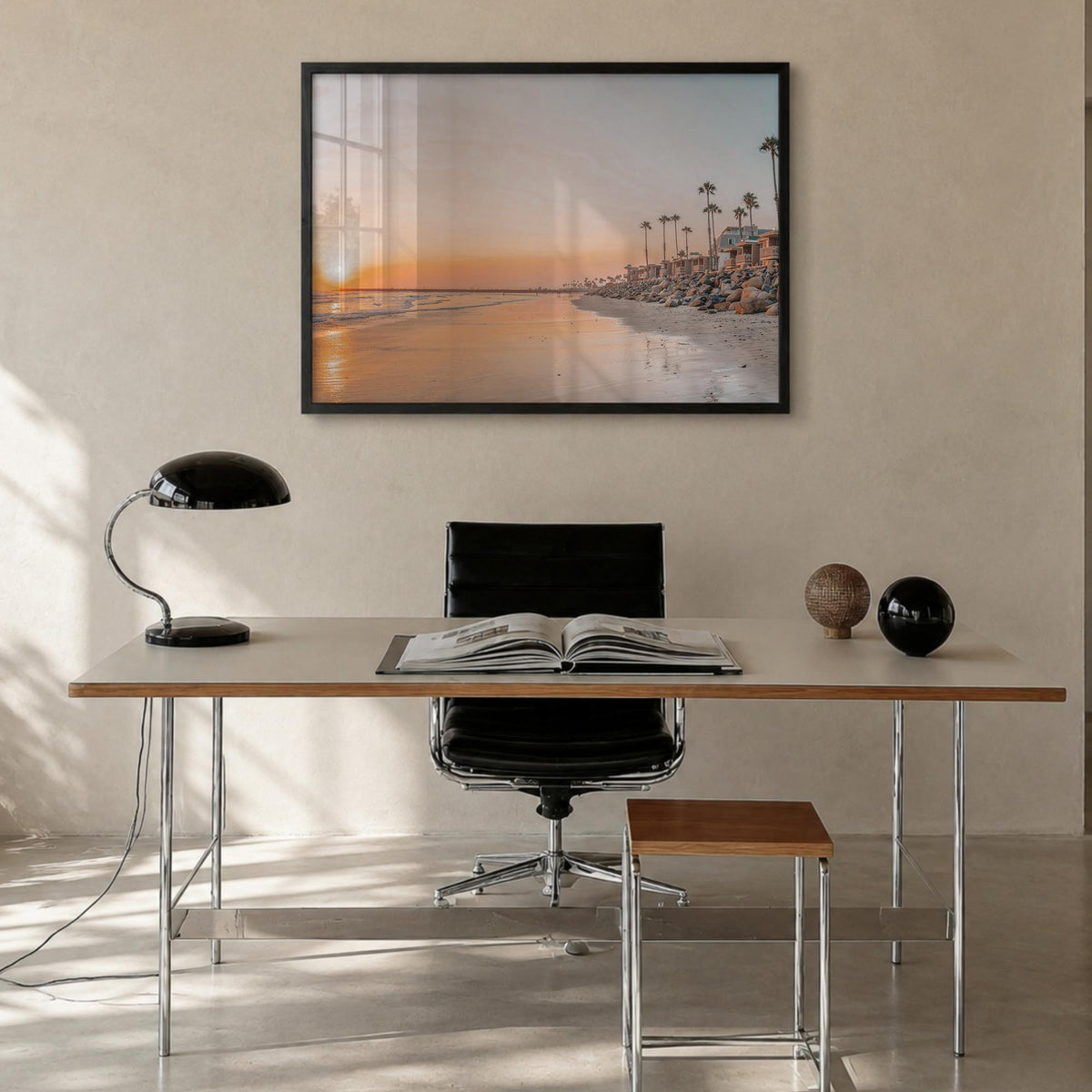 Oceanside colorful photo poster of California, USA – horizontal wall art in black wood frame, hanging on wall