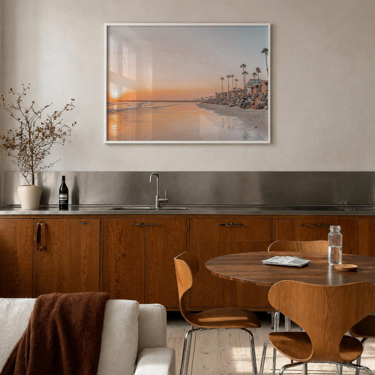 Oceanside colorful photo poster of California, USA – horizontal wall art in white wood frame, hanging on wall