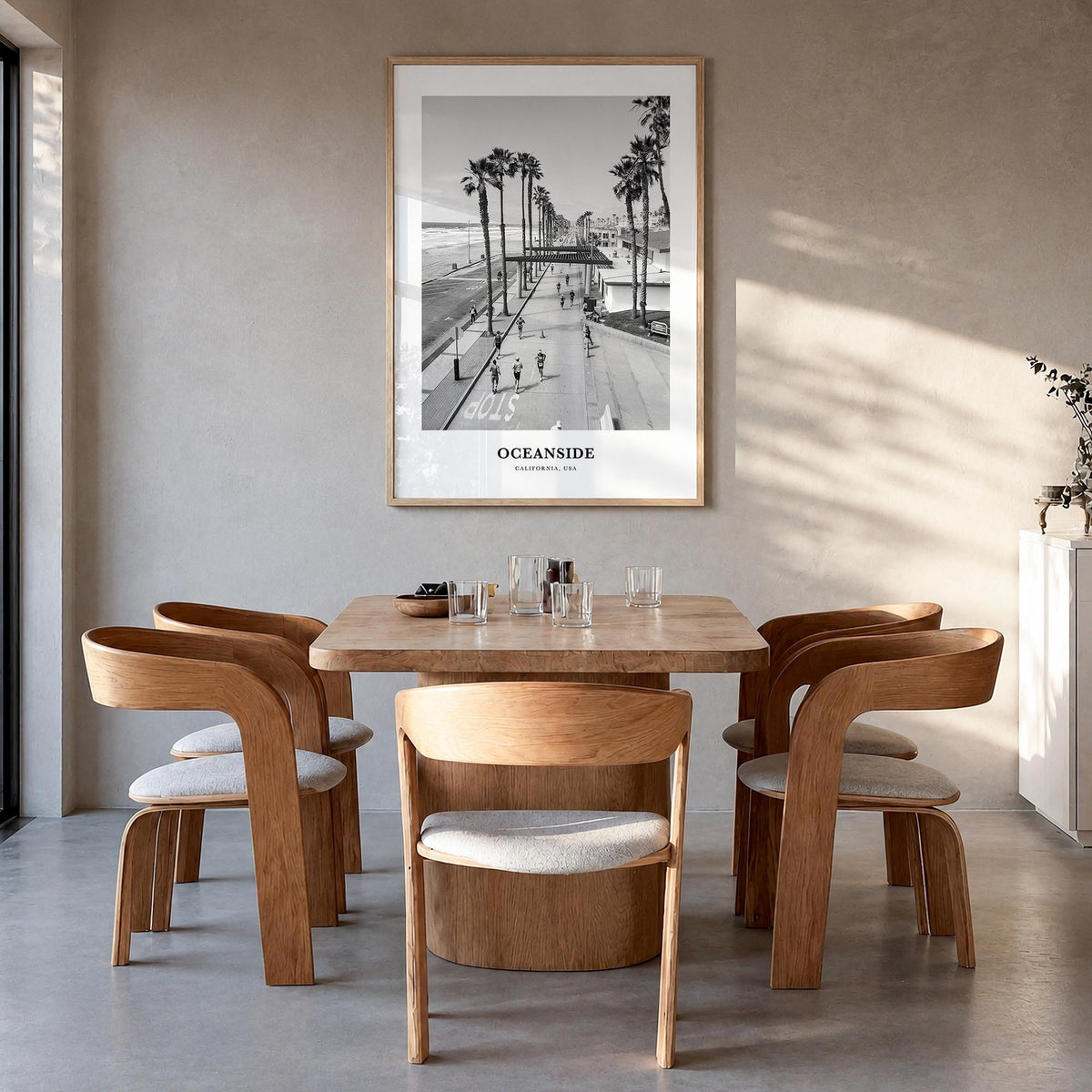 Oceanside no. 3 black & white classic poster of California, USA – vertical wall art in natural wood frame, hanging on wall