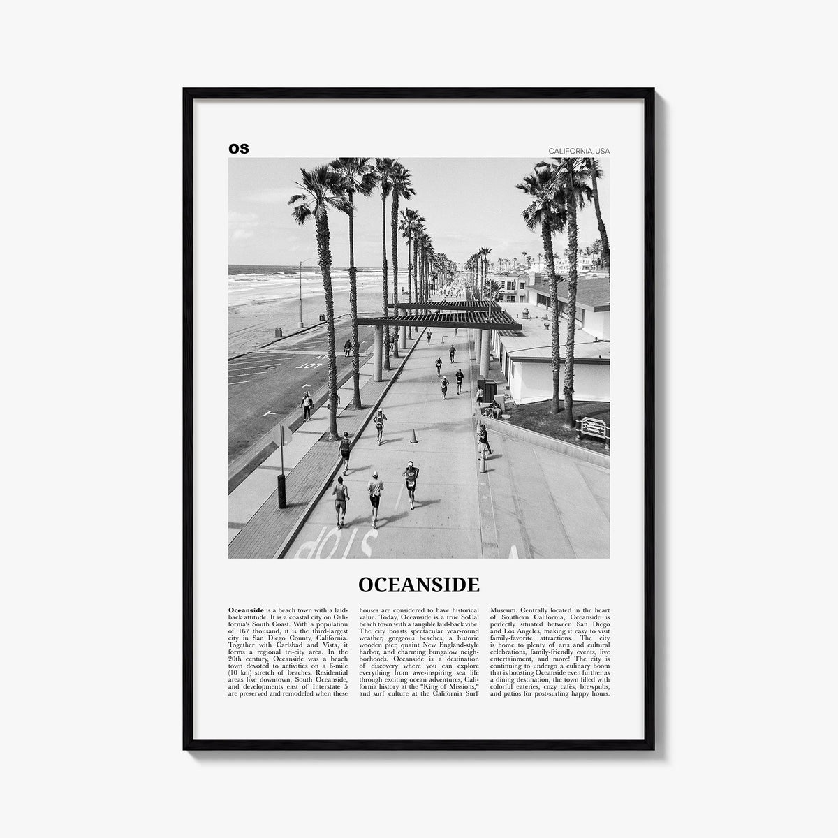 Oceanside no. 3 black & white newspaper poster of California, USA – vertical wall art, unframed print shown in interior mocku