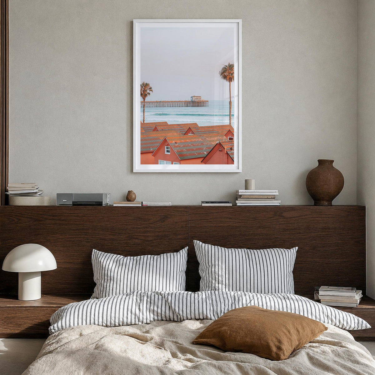 Oceanside no. 3 colorful photo poster of California, USA – vertical wall art in white wood frame with white border, hanging o
