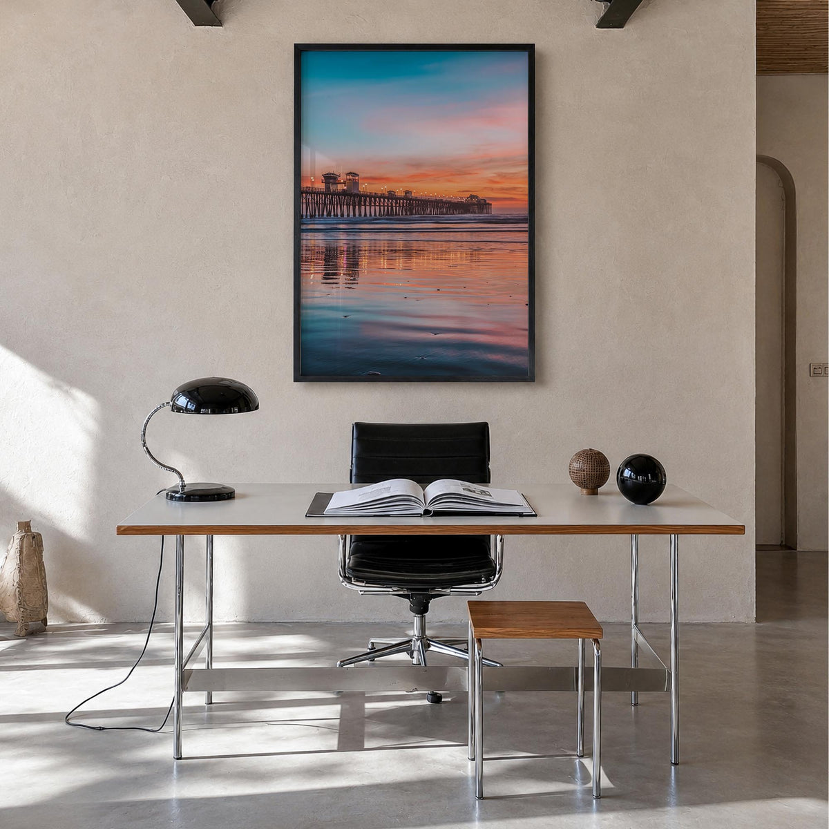 Oceanside no. 4 colorful photo poster of California, USA – vertical wall art in black wood frame, hanging on wall