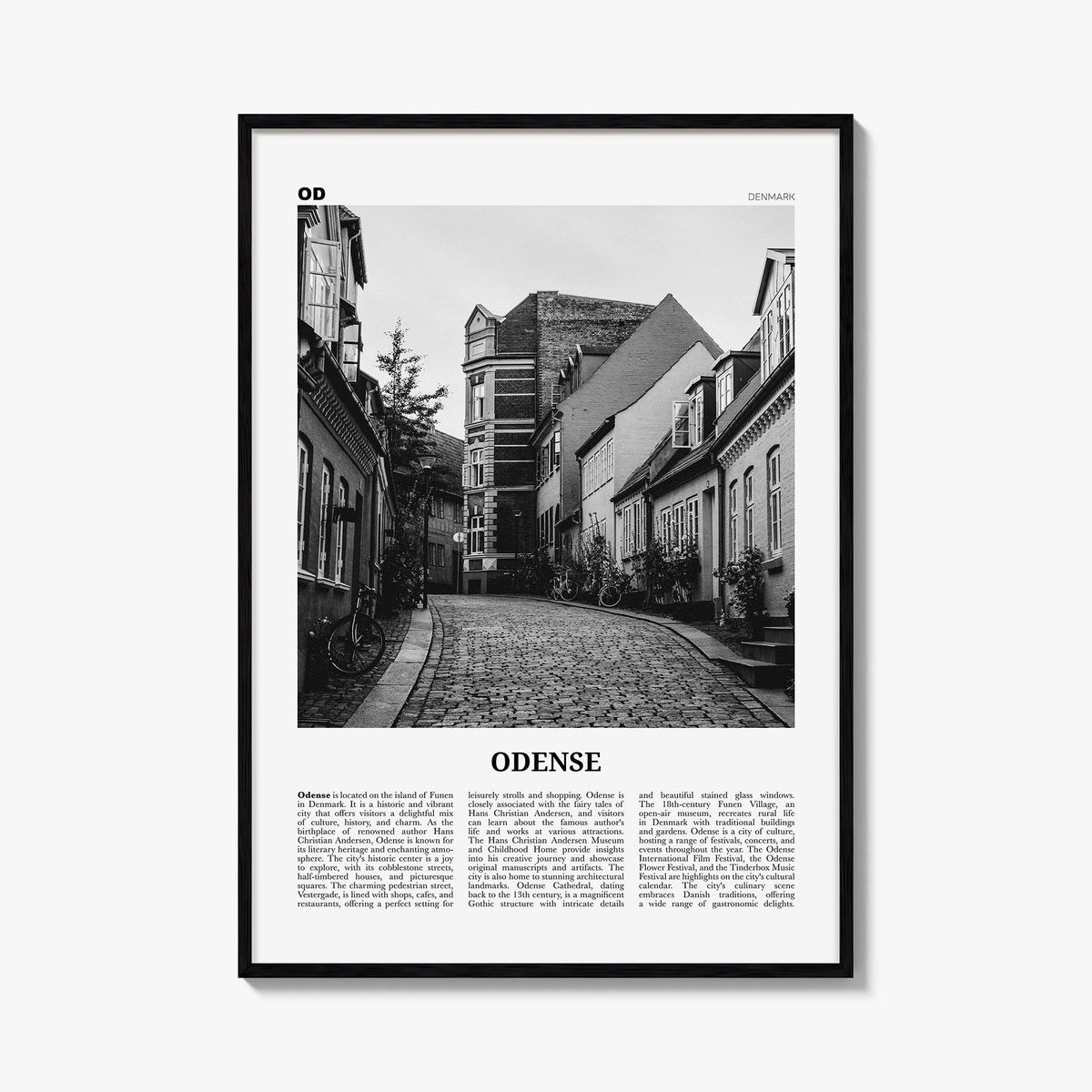 Odense black & white newspaper poster of Denmark – vertical wall art, unframed print shown in interior mockup
