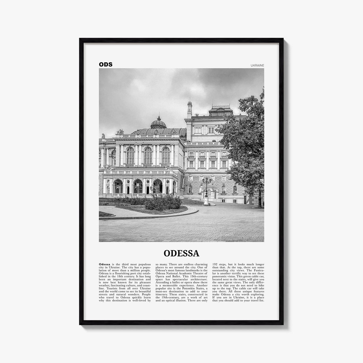 Odessa, Ukraine black & white newspaper poster of Ukraine – vertical wall art, unframed print shown in interior mockup