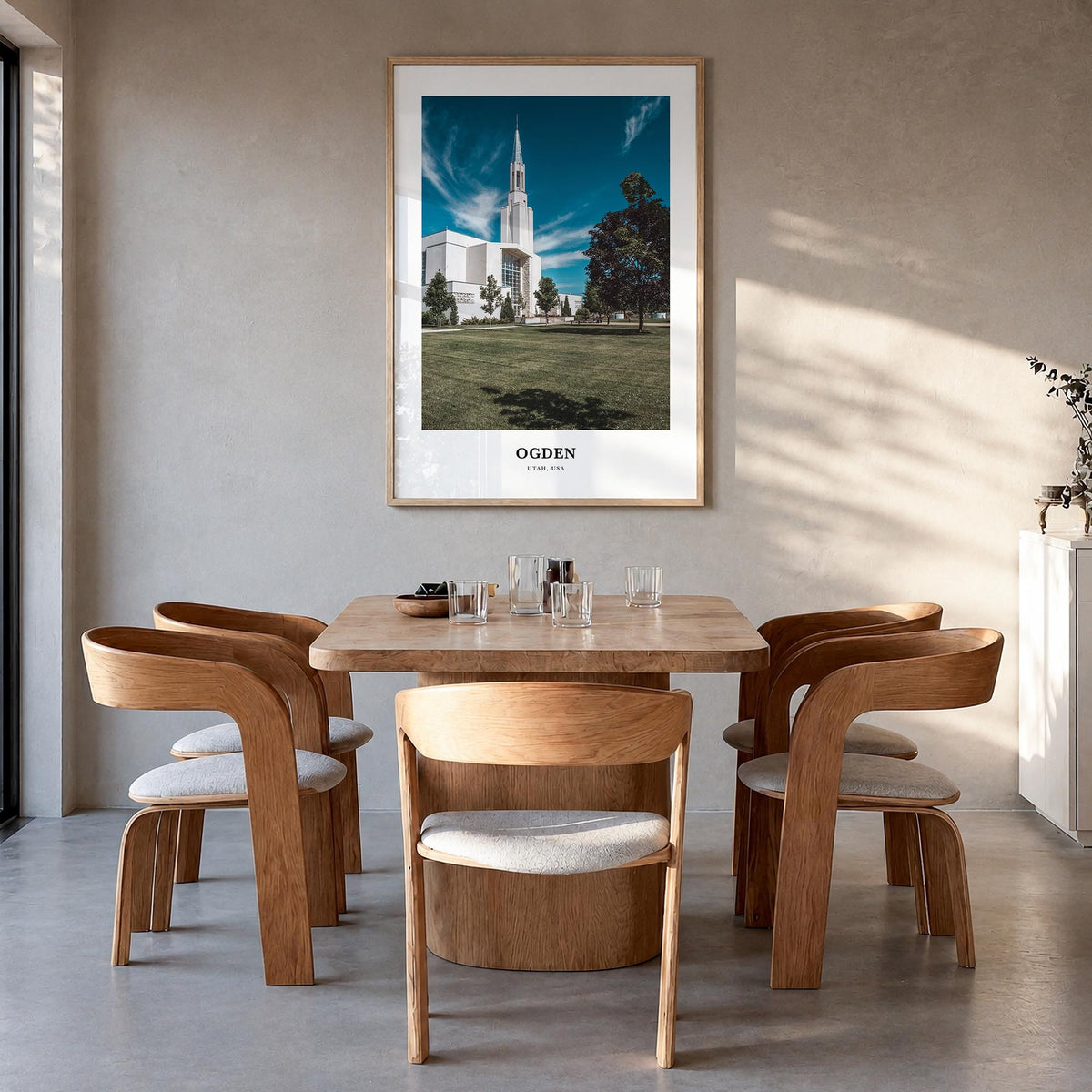 Ogden colorful classic poster of Utah, USA – vertical wall art in natural wood frame, hanging on wall