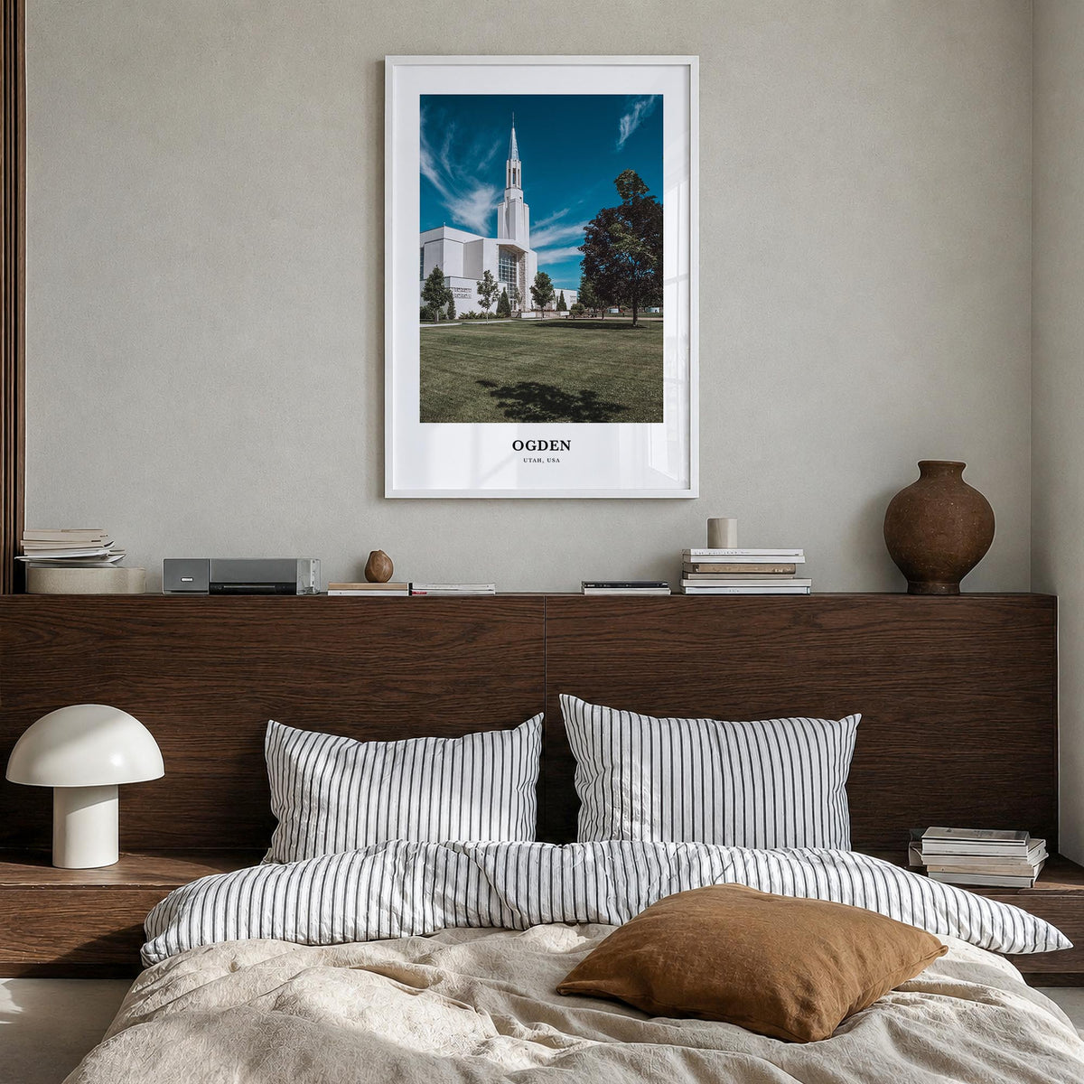 Ogden colorful classic poster of Utah, USA – vertical wall art in white wood frame, hanging on wall