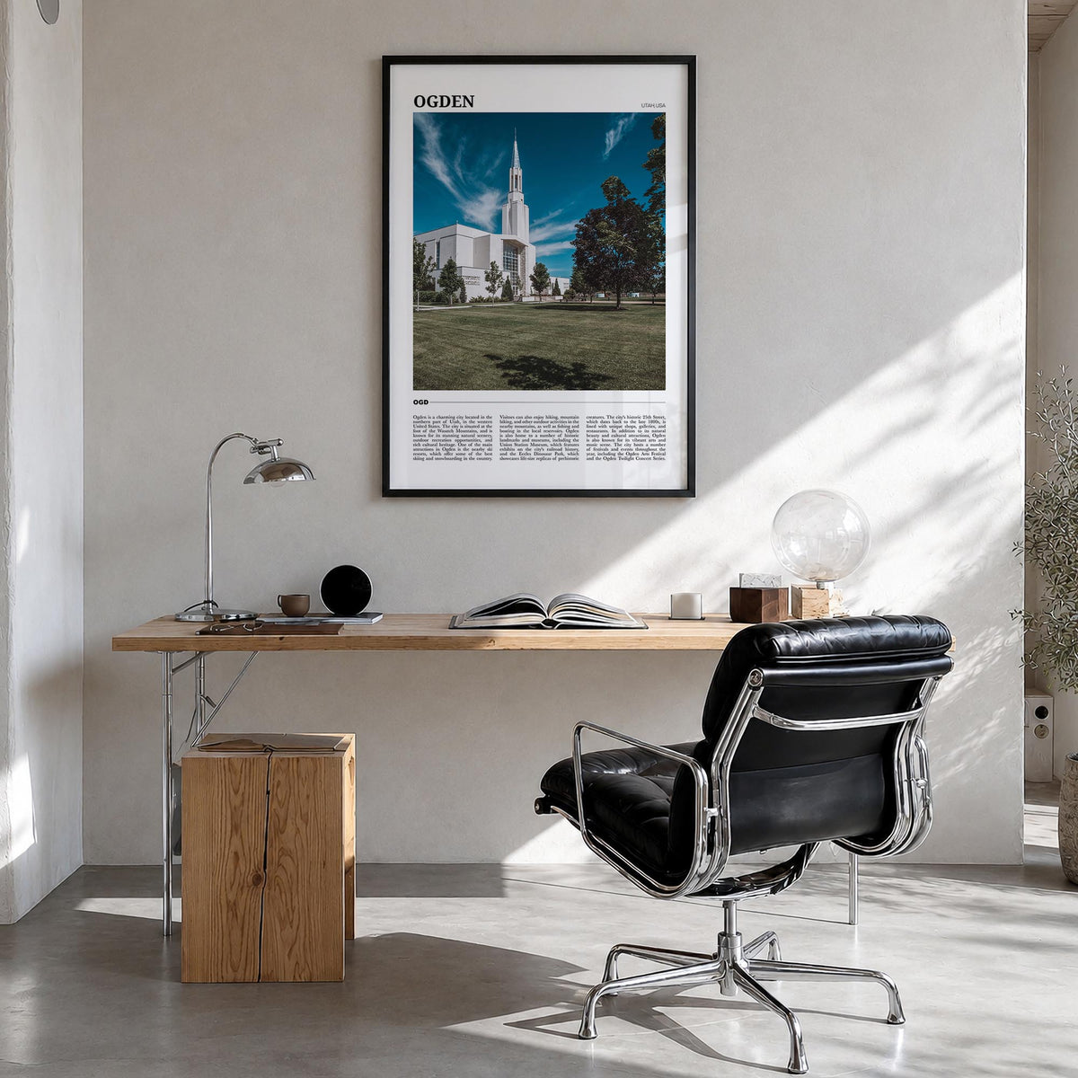 Ogden colorful travel poster of Utah, USA – vertical wall art in black wood frame, hanging on wall