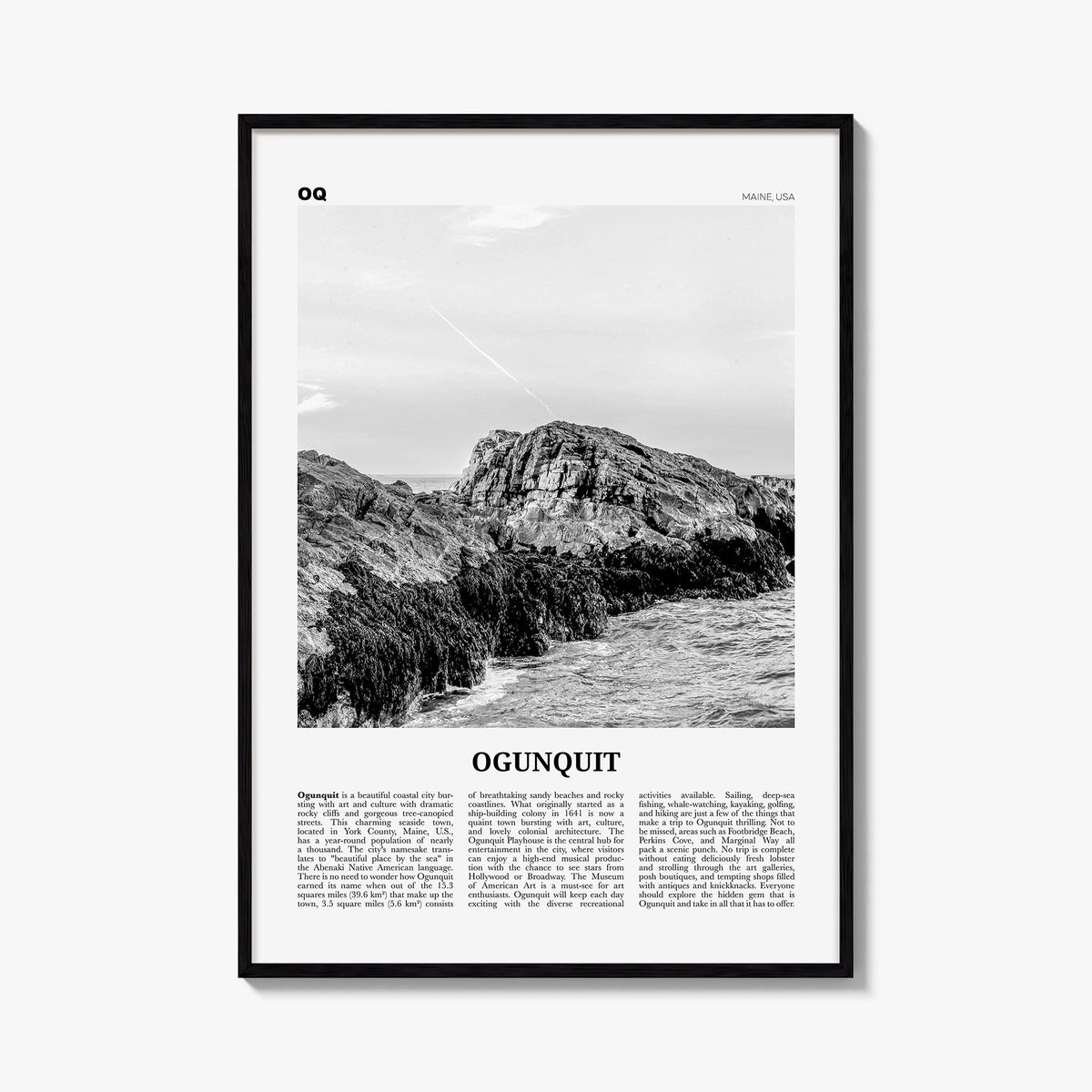 Ogunquit black & white newspaper poster of Maine, USA – vertical wall art, unframed print shown in interior mockup