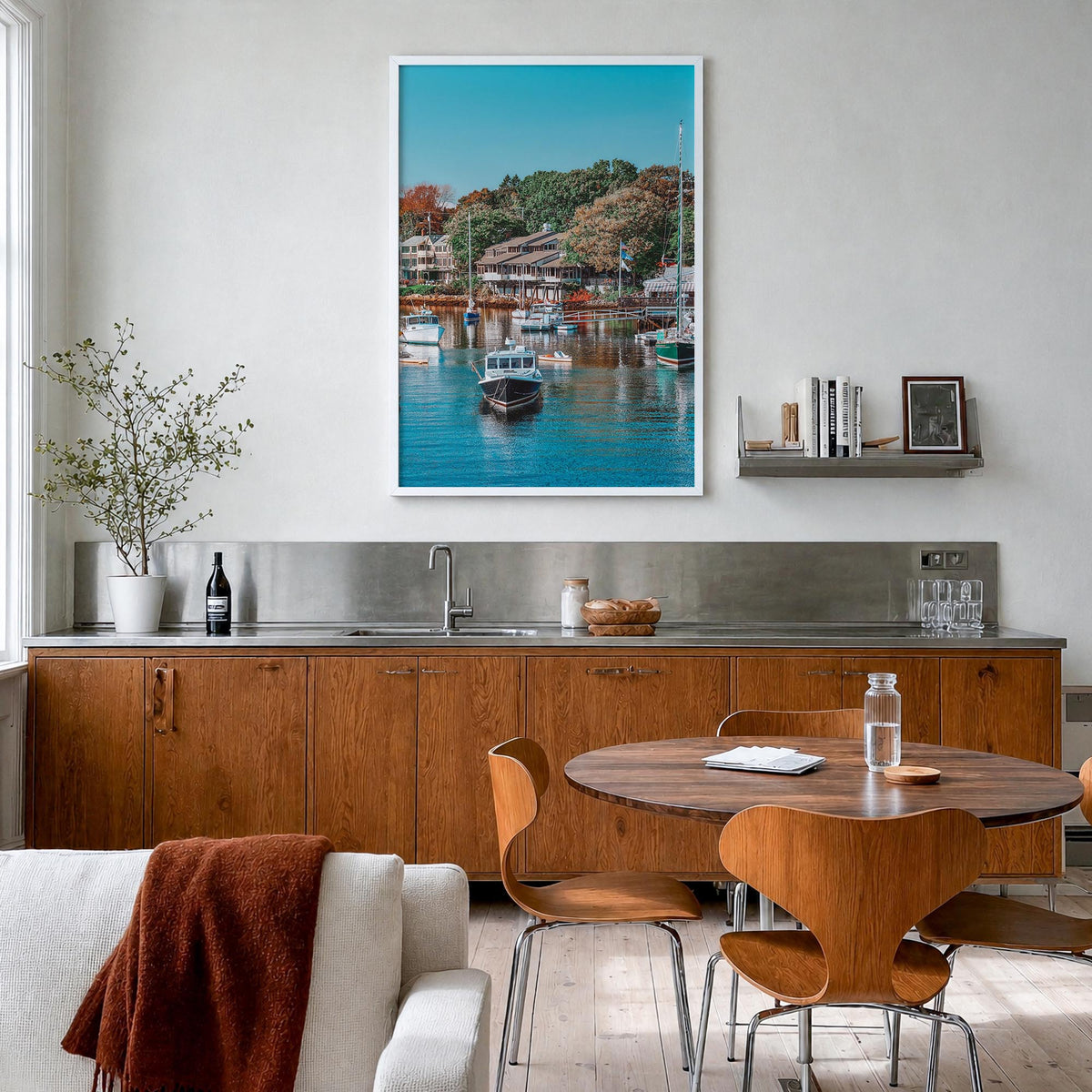 Ogunquit colorful photo poster of Maine, USA – vertical wall art in white wood frame, hanging on wall