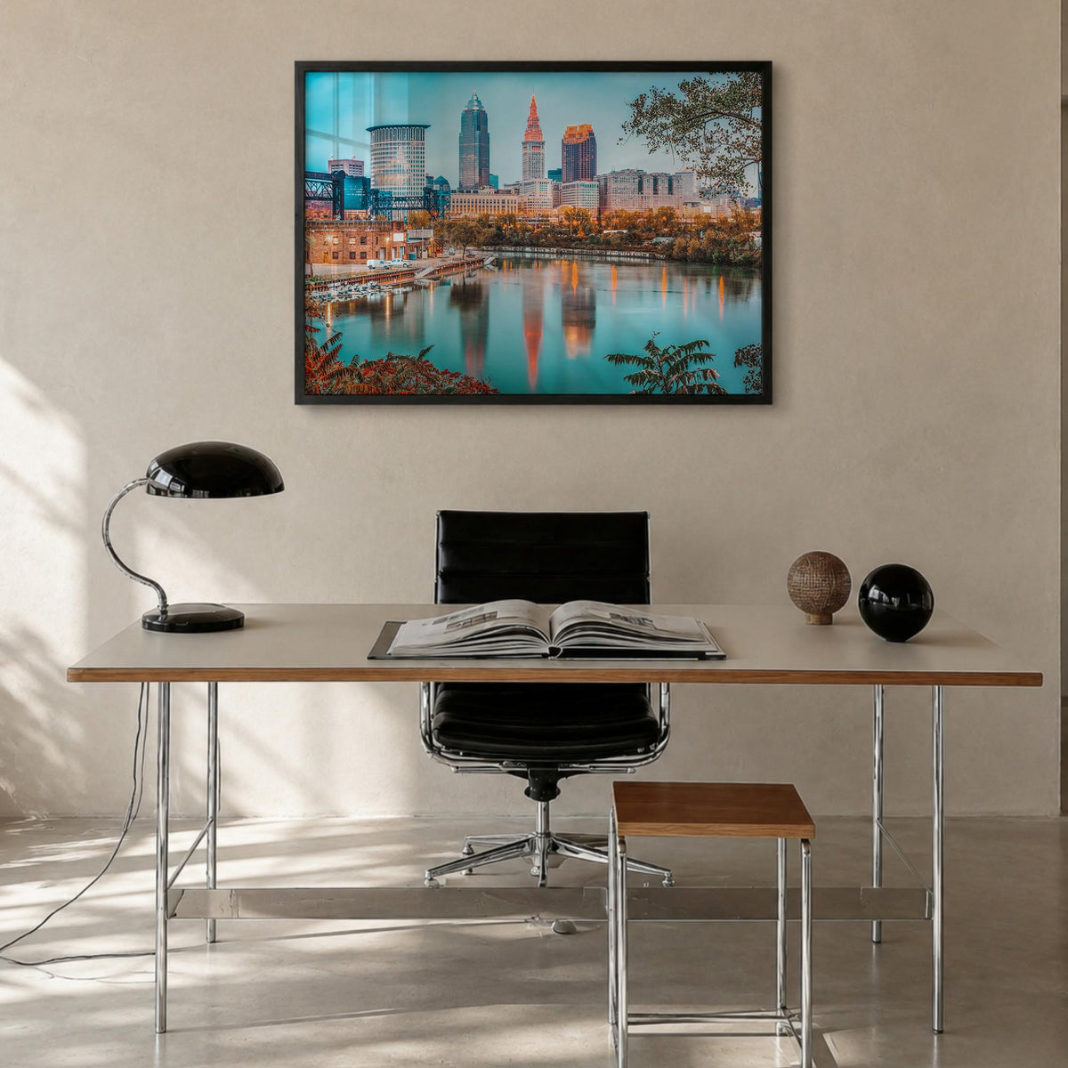 Ohio colorful photo poster of United States – horizontal wall art in black wood frame, hanging on wall