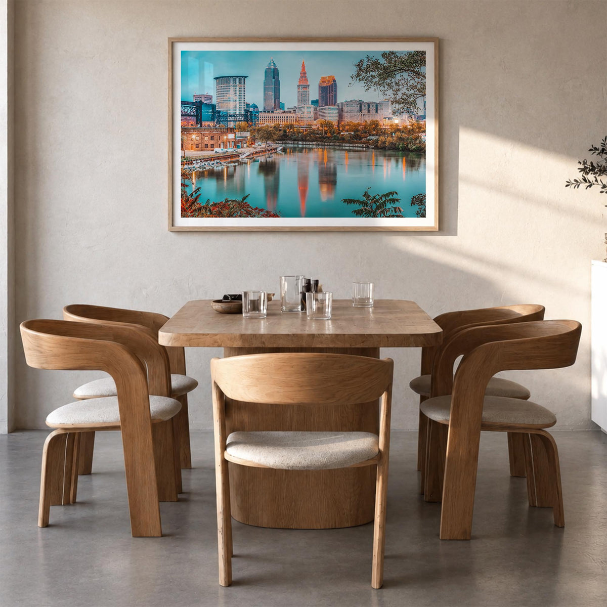 Ohio colorful photo poster of United States – horizontal wall art in natural wood frame with white border, hanging on wall