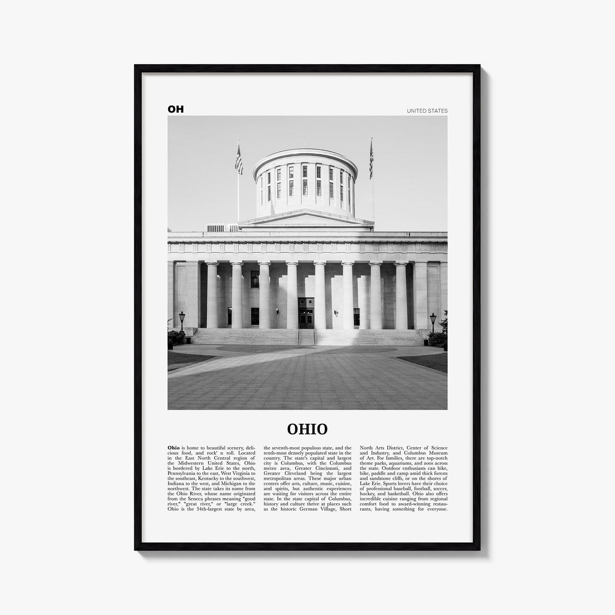 Ohio no. 2 black & white newspaper poster of United States – vertical wall art, unframed print shown in interior mockup