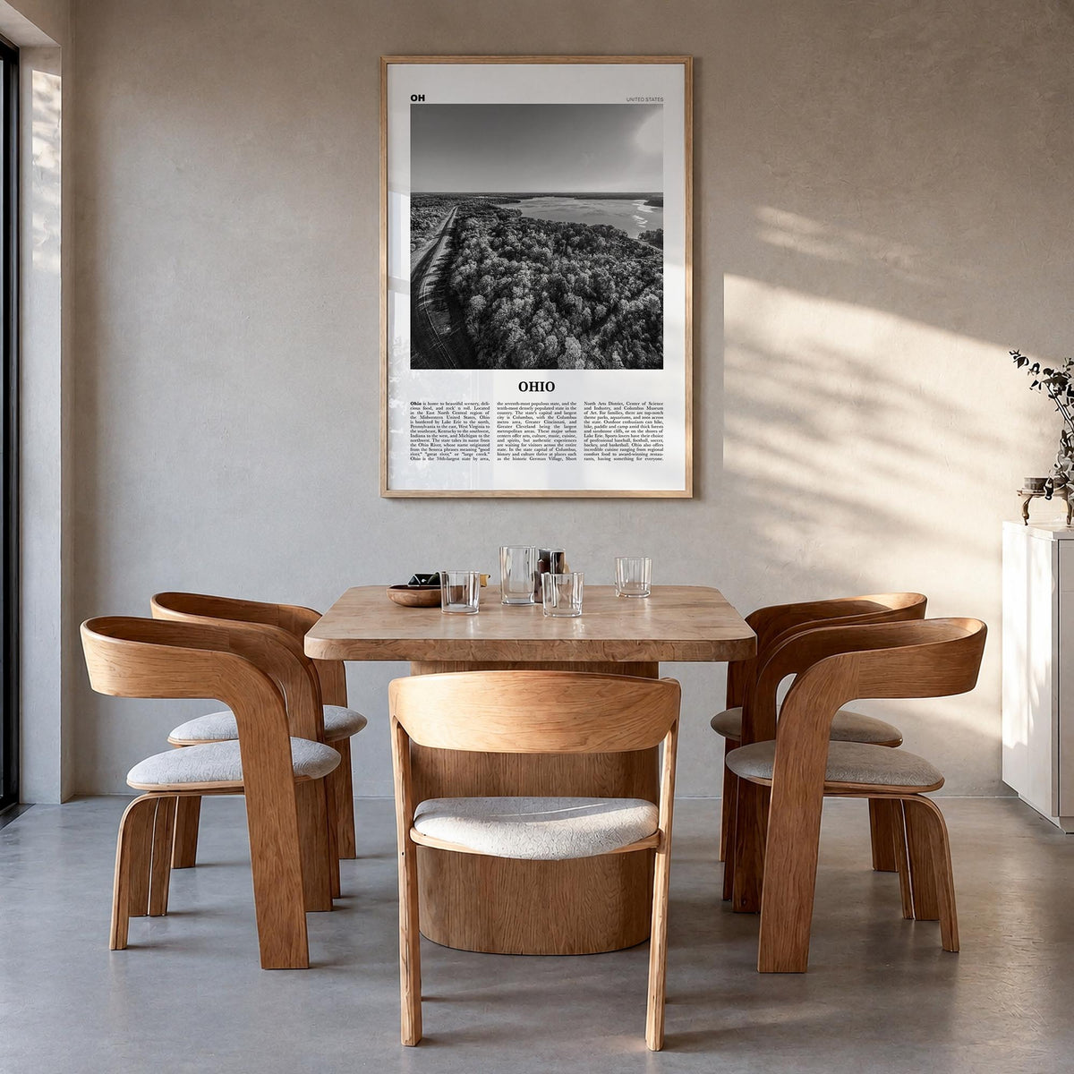 Ohio no. 3 black & white newspaper poster of United States – vertical wall art in natural wood frame, hanging on wall