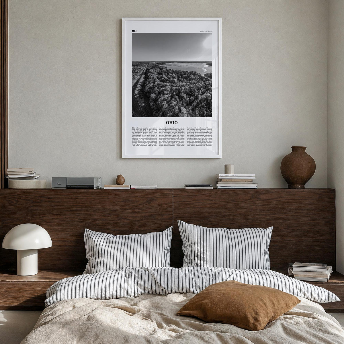 Ohio no. 3 black & white newspaper poster of United States – vertical wall art in white wood frame, hanging on wall