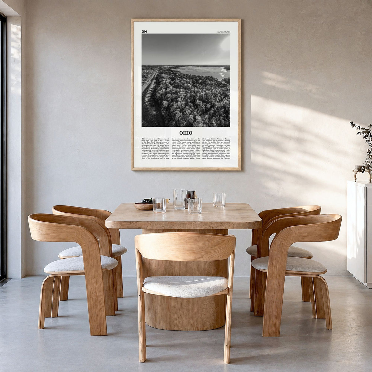 Ohio Newspaper No 3 Poster in a natural wood frame, hanging in a dining room
