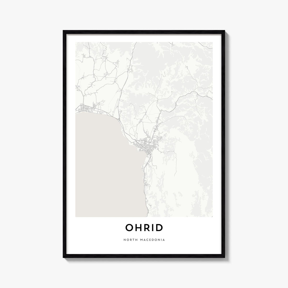 Ohrid black & white map poster of North Macedonia – vertical wall art, unframed print shown in interior mockup
