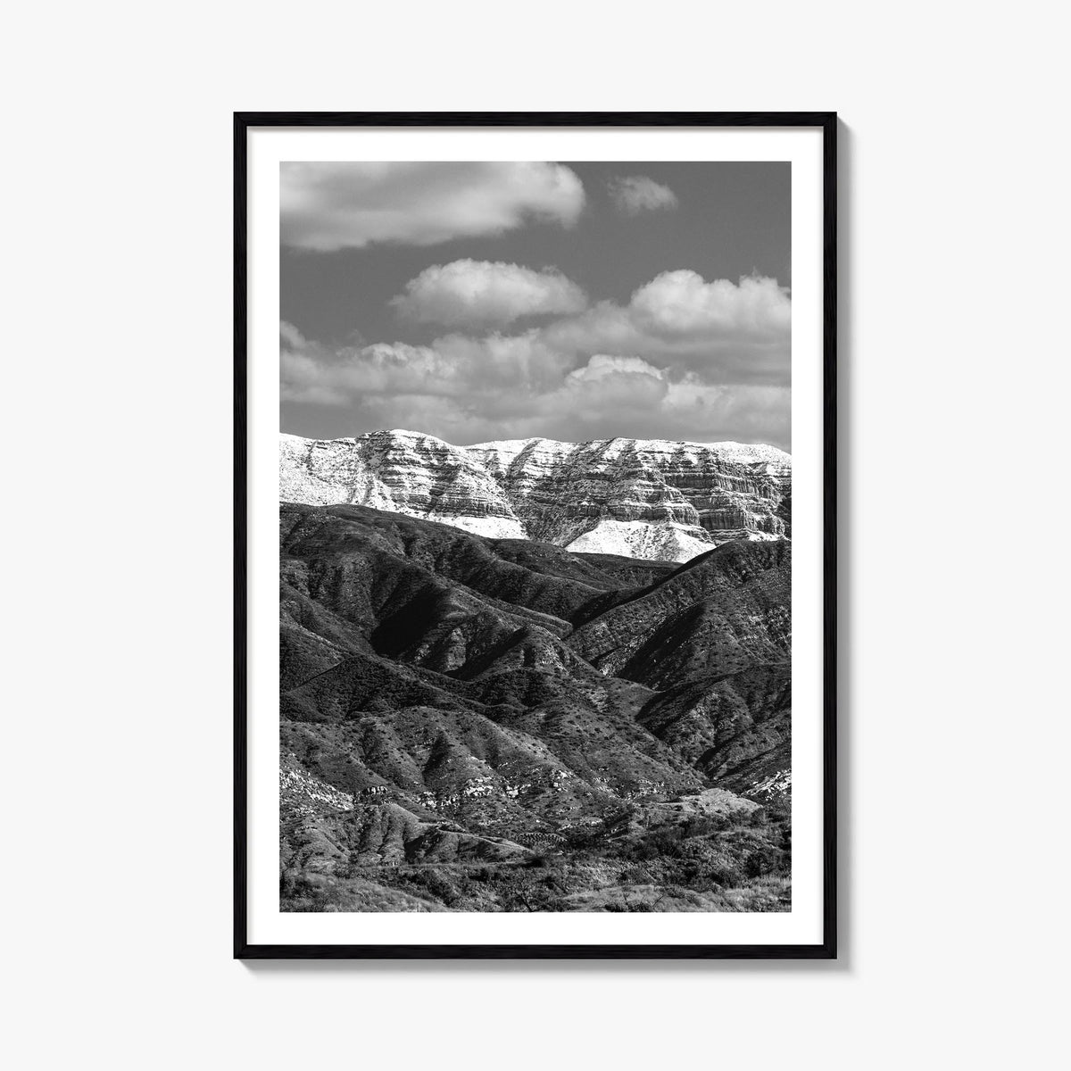 Ojai black & white photo poster of California, USA – vertical wall art, unframed print shown in interior mockup