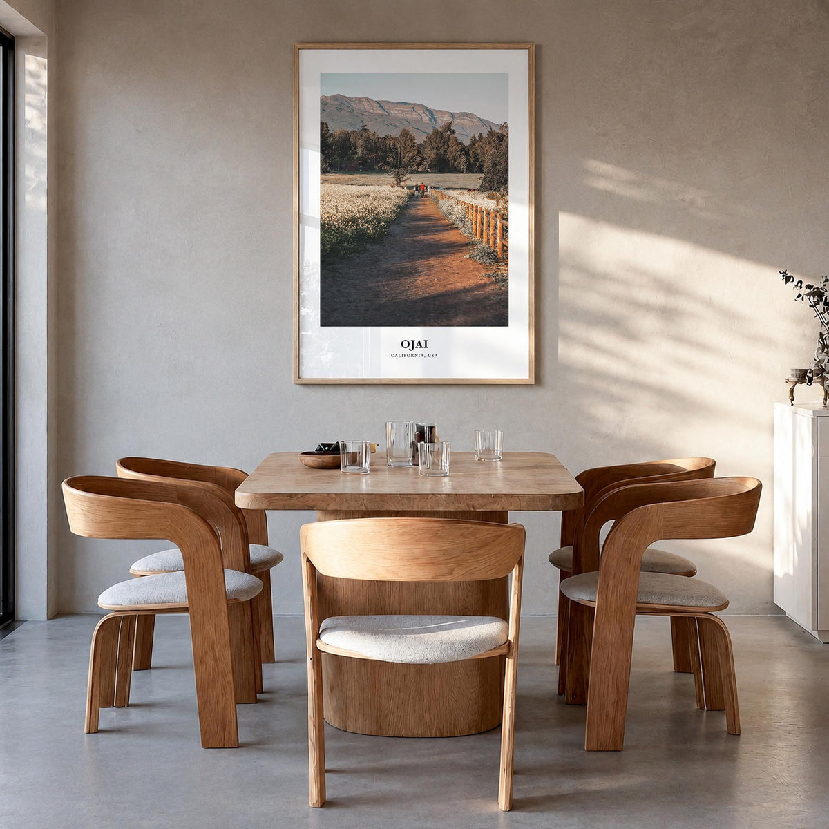Ojai colorful classic poster of California, USA – vertical wall art in natural wood frame, hanging on wall