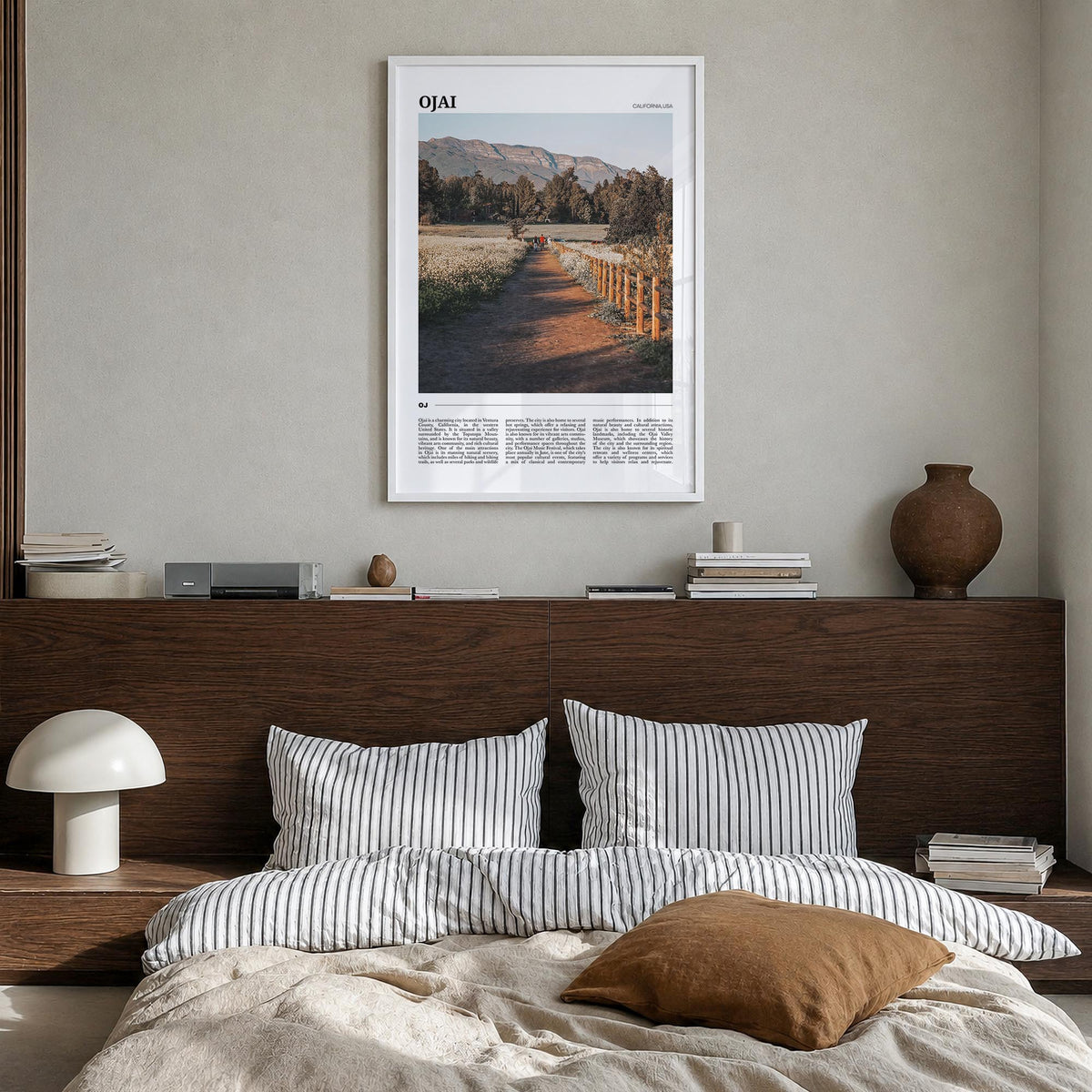 Ojai colorful travel poster of California, USA – vertical wall art in white wood frame, hanging on wall