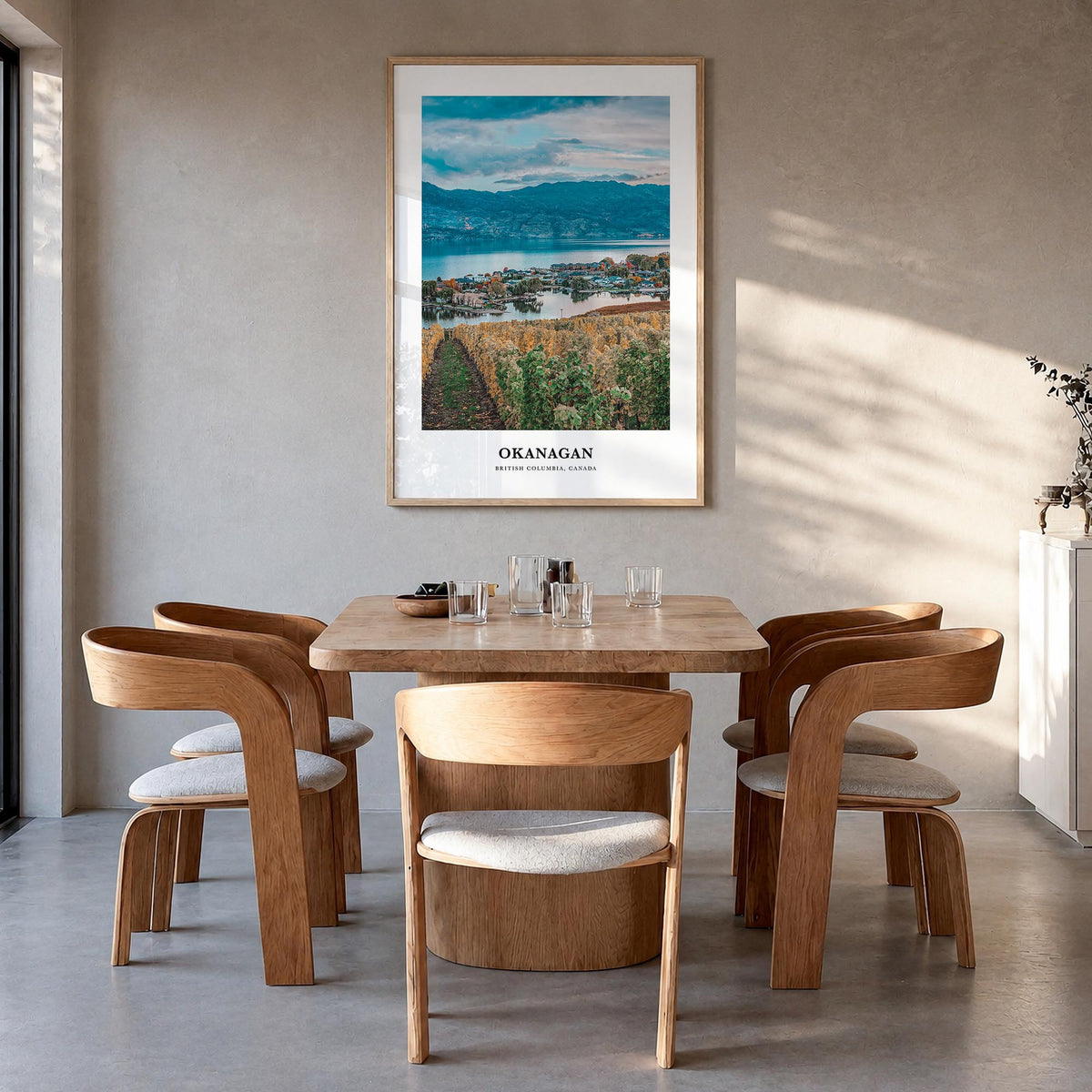 Okanagan colorful classic poster of British Columbia, Canada – vertical wall art in natural wood frame, hanging on wall