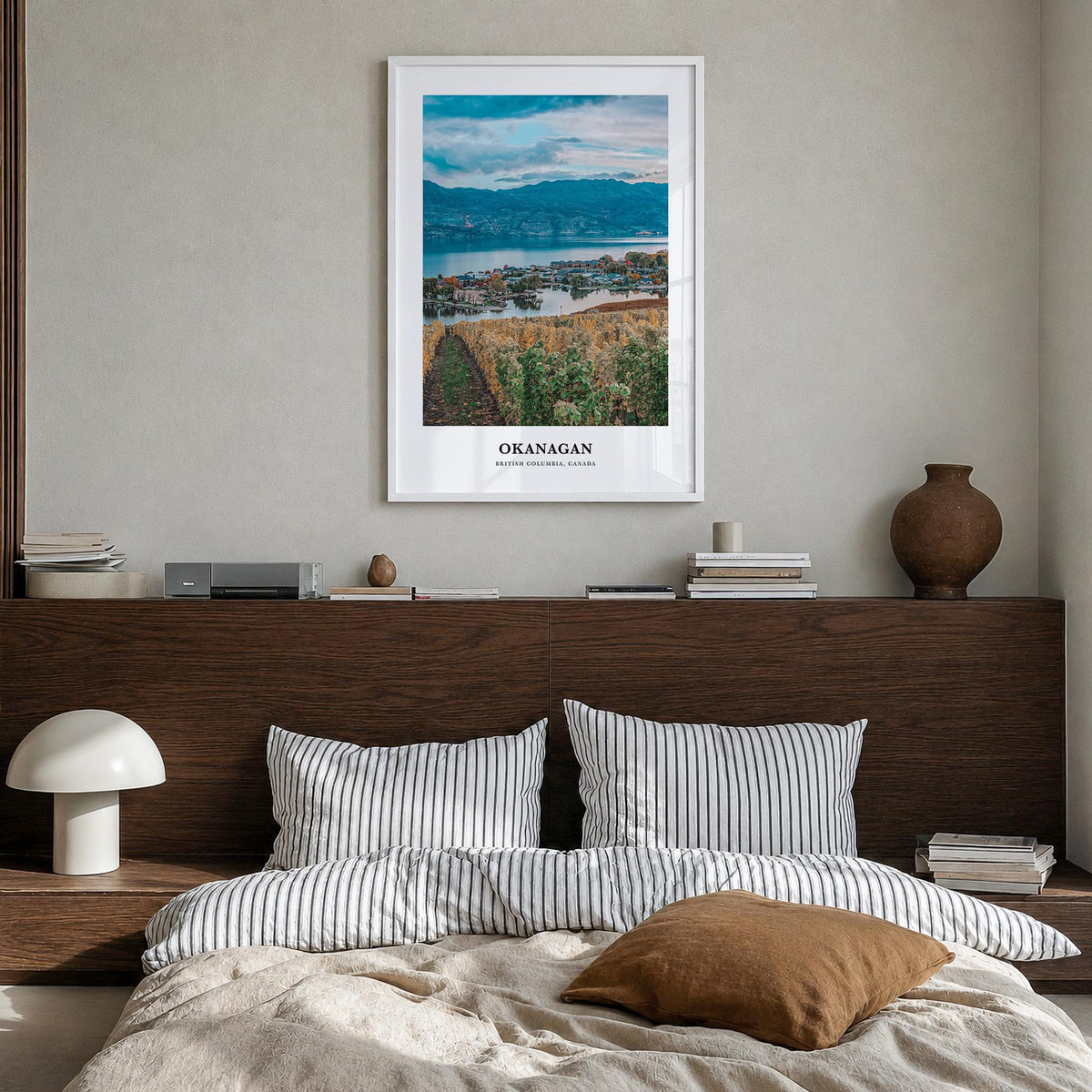 Okanagan colorful classic poster of British Columbia, Canada – vertical wall art in white wood frame, hanging on wall