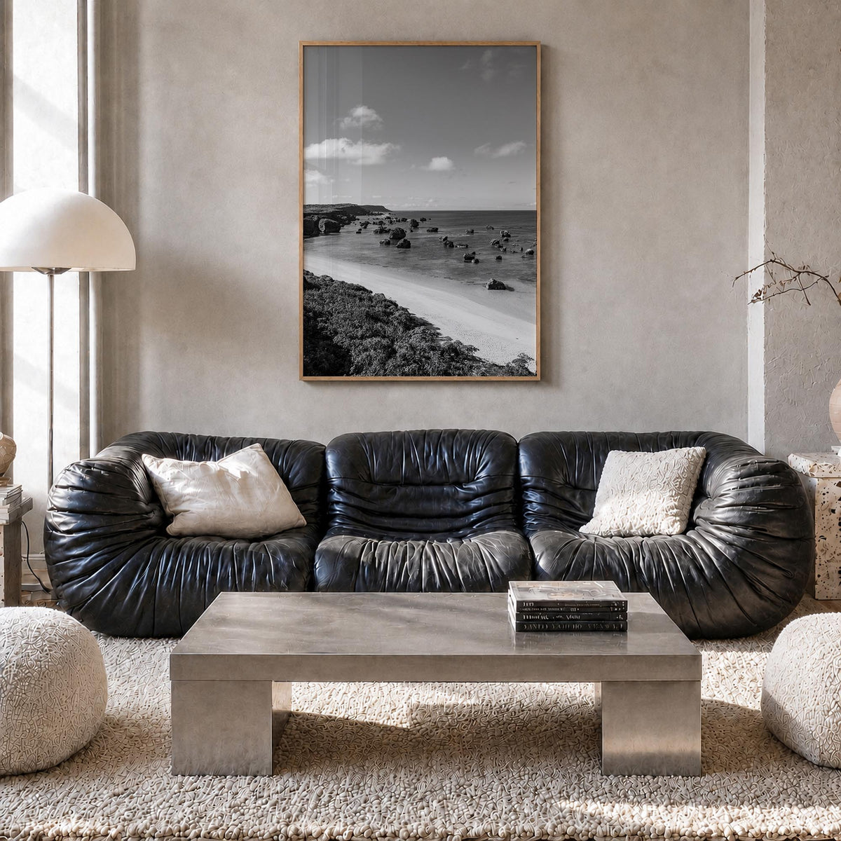 Okinawa black & white photo poster of Japan – vertical wall art in natural wood frame, hanging on wall