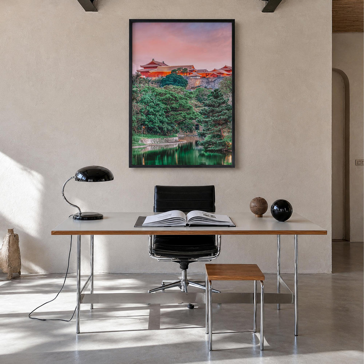 Okinawa colorful photo poster of Japan – vertical wall art in black wood frame, hanging on wall