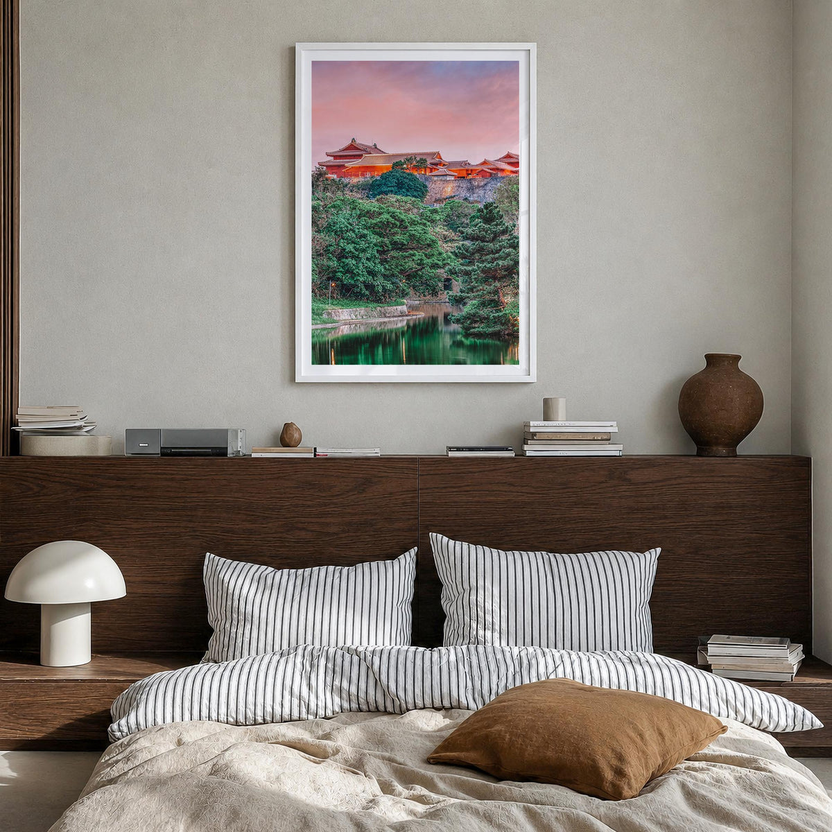 Okinawa colorful photo poster of Japan – vertical wall art in white wood frame with white border, hanging on wall