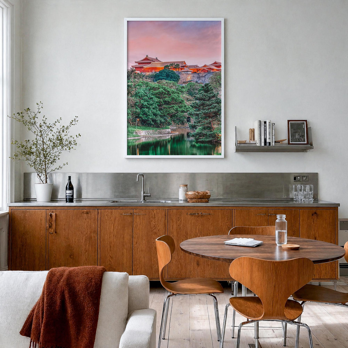 Okinawa colorful photo poster of Japan – vertical wall art in white wood frame, hanging on wall