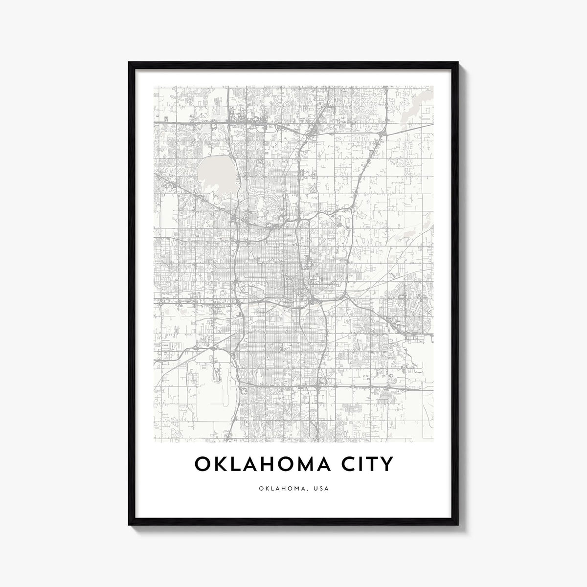 Oklahoma City black & white map poster of Oklahoma, USA – vertical wall art, unframed print shown in interior mockup