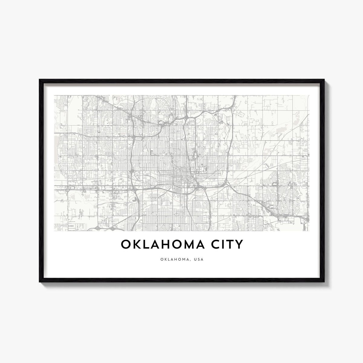 Oklahoma City black & white map poster of Oklahoma, USA – horizontal wall art, unframed print shown in interior mockup