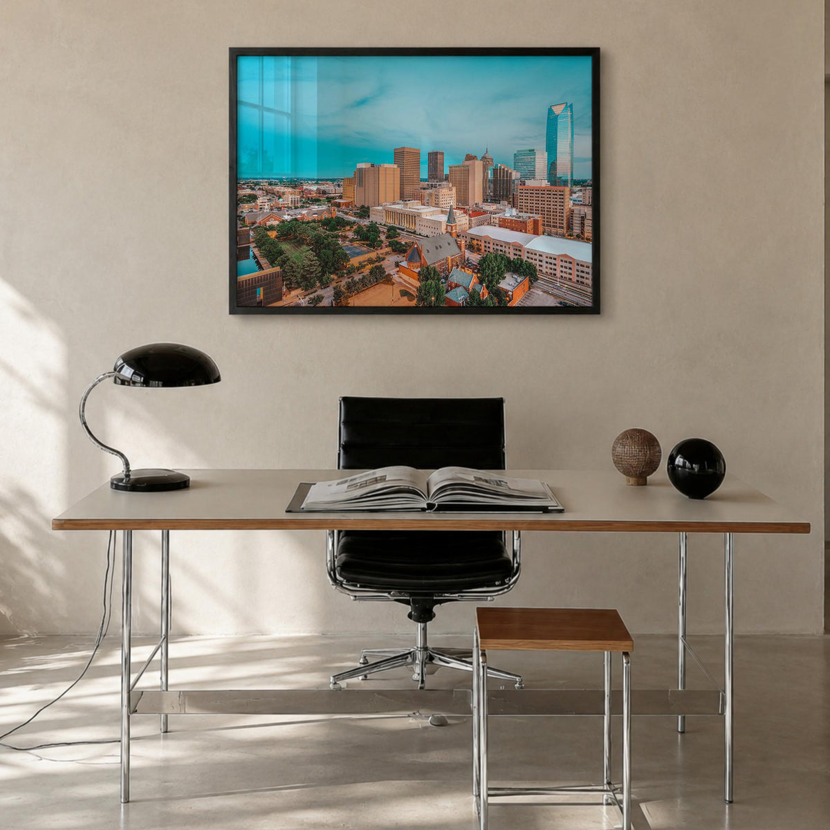Oklahoma City colorful photo poster of Oklahoma, USA – horizontal wall art in black wood frame, hanging on wall
