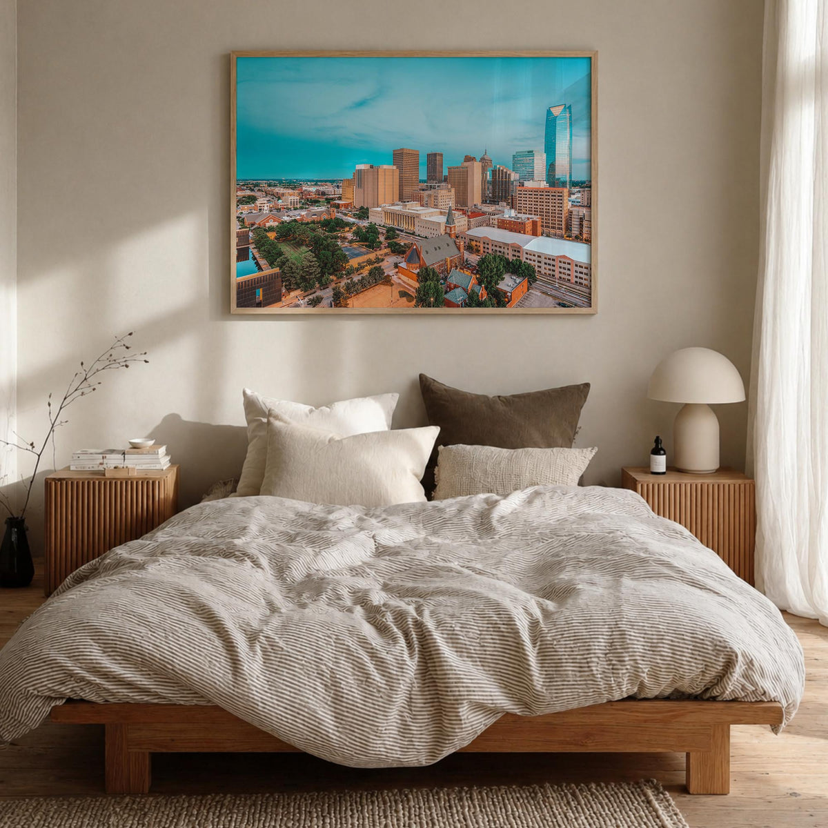 Oklahoma City colorful photo poster of Oklahoma, USA – horizontal wall art in natural wood frame, hanging on wall