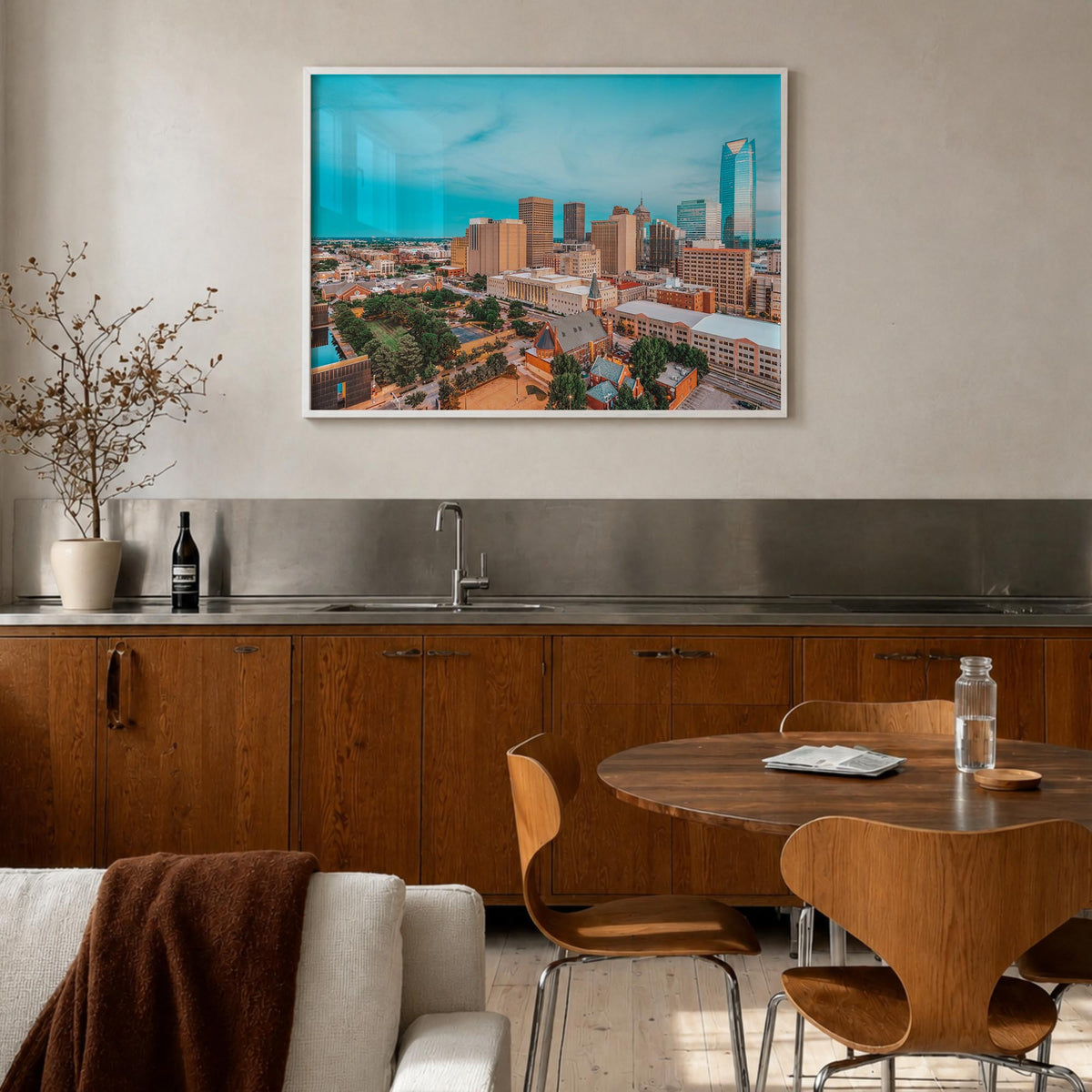 Oklahoma City colorful photo poster of Oklahoma, USA – horizontal wall art in white wood frame, hanging on wall