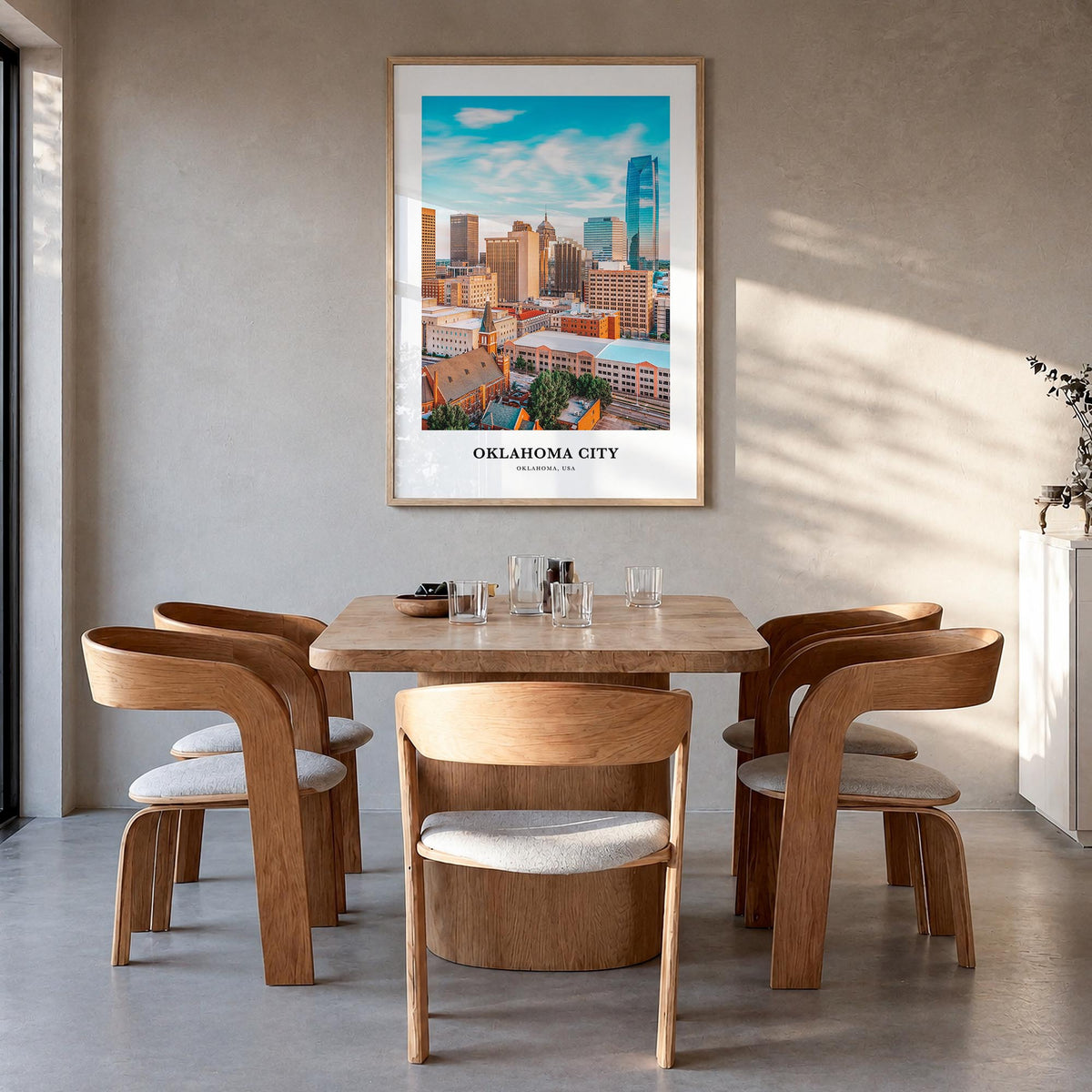 Oklahoma City no. 1 colorful classic poster of Oklahoma, USA – vertical wall art in natural wood frame, hanging on wall