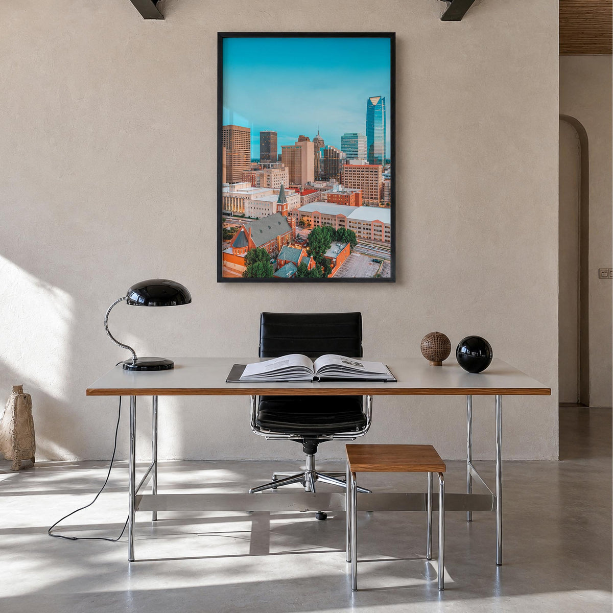 Oklahoma City no. 1 colorful photo poster of Oklahoma, USA – vertical wall art in black wood frame, hanging on wall