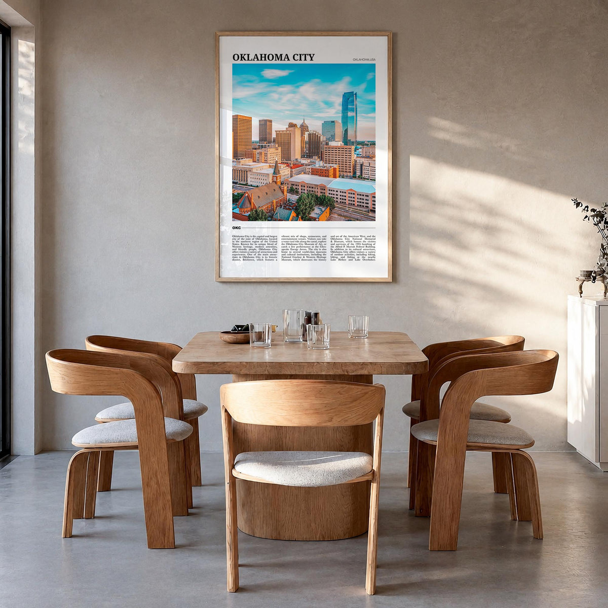 Oklahoma City no. 1 colorful travel poster of Oklahoma, USA – vertical wall art in natural wood frame, hanging on wall