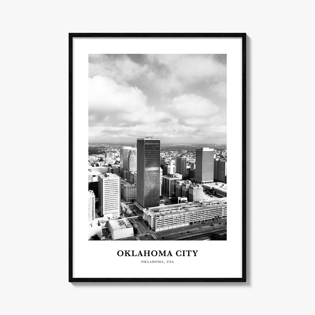 Oklahoma City no. 2 black & white classic poster of Oklahoma, USA – vertical wall art, unframed print shown in interior mocku
