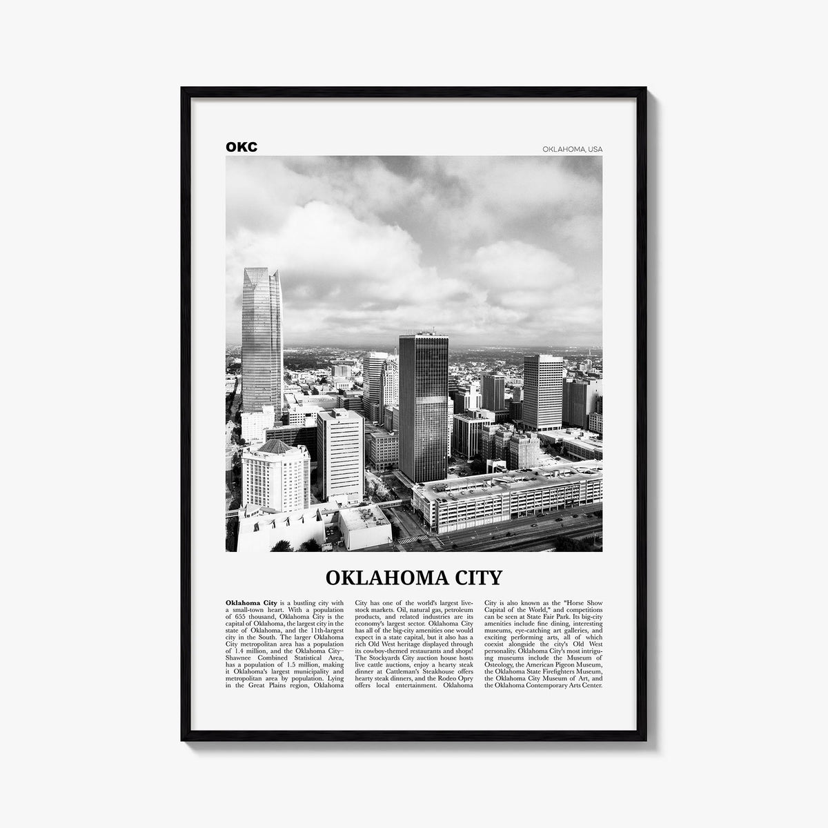 Oklahoma City no. 2 black & white newspaper poster of Oklahoma, USA – vertical wall art, unframed print shown in interior moc