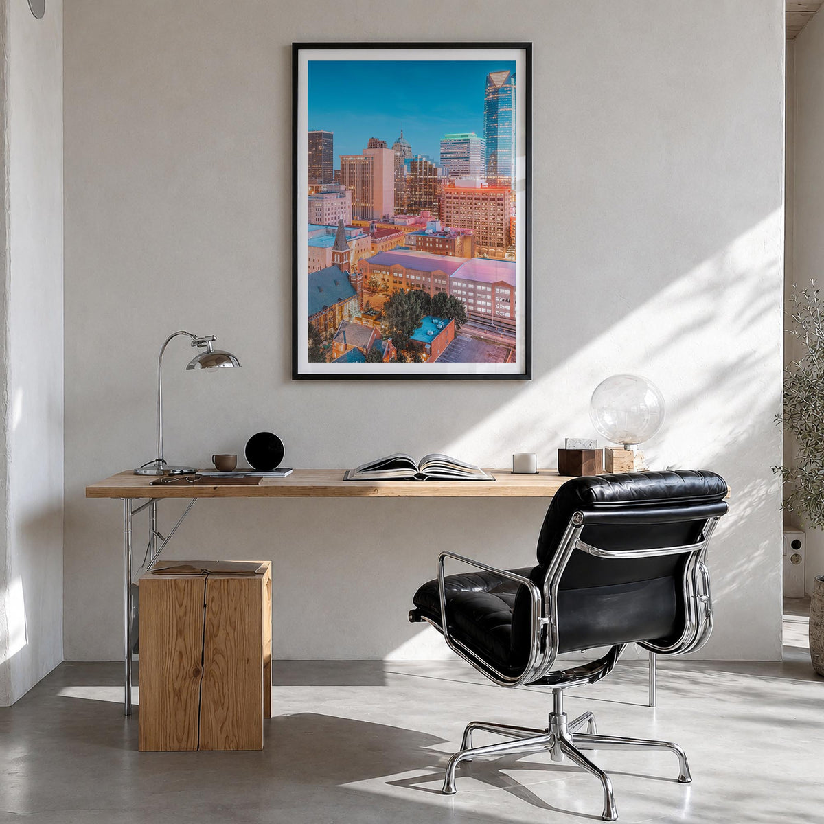 Oklahoma City no. 2 colorful photo poster of Oklahoma, USA – vertical wall art in black wood frame with white border, hanging