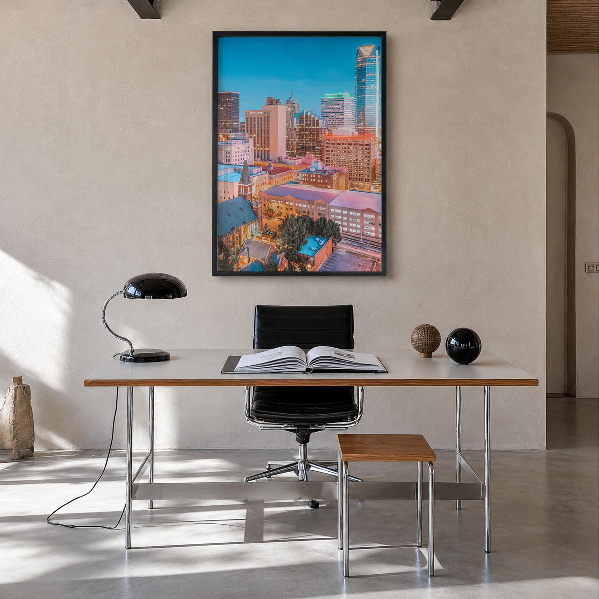 Oklahoma City no. 2 colorful photo poster of Oklahoma, USA – vertical wall art in black wood frame, hanging on wall